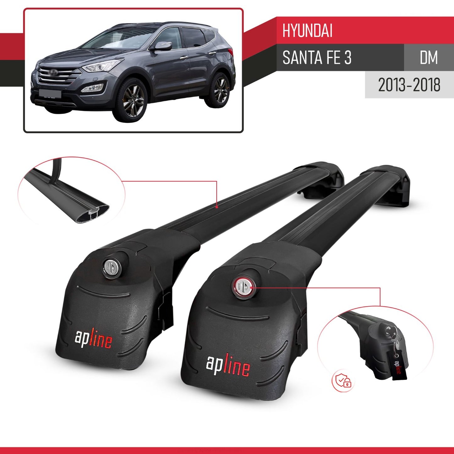 Compatible avec Hyundai Santa Fe 3 (DM) 2013-2018 ACE-2 modèle Barres de Toit Railing Porte-Bagages de Voiture Noir Aluminium Barres
