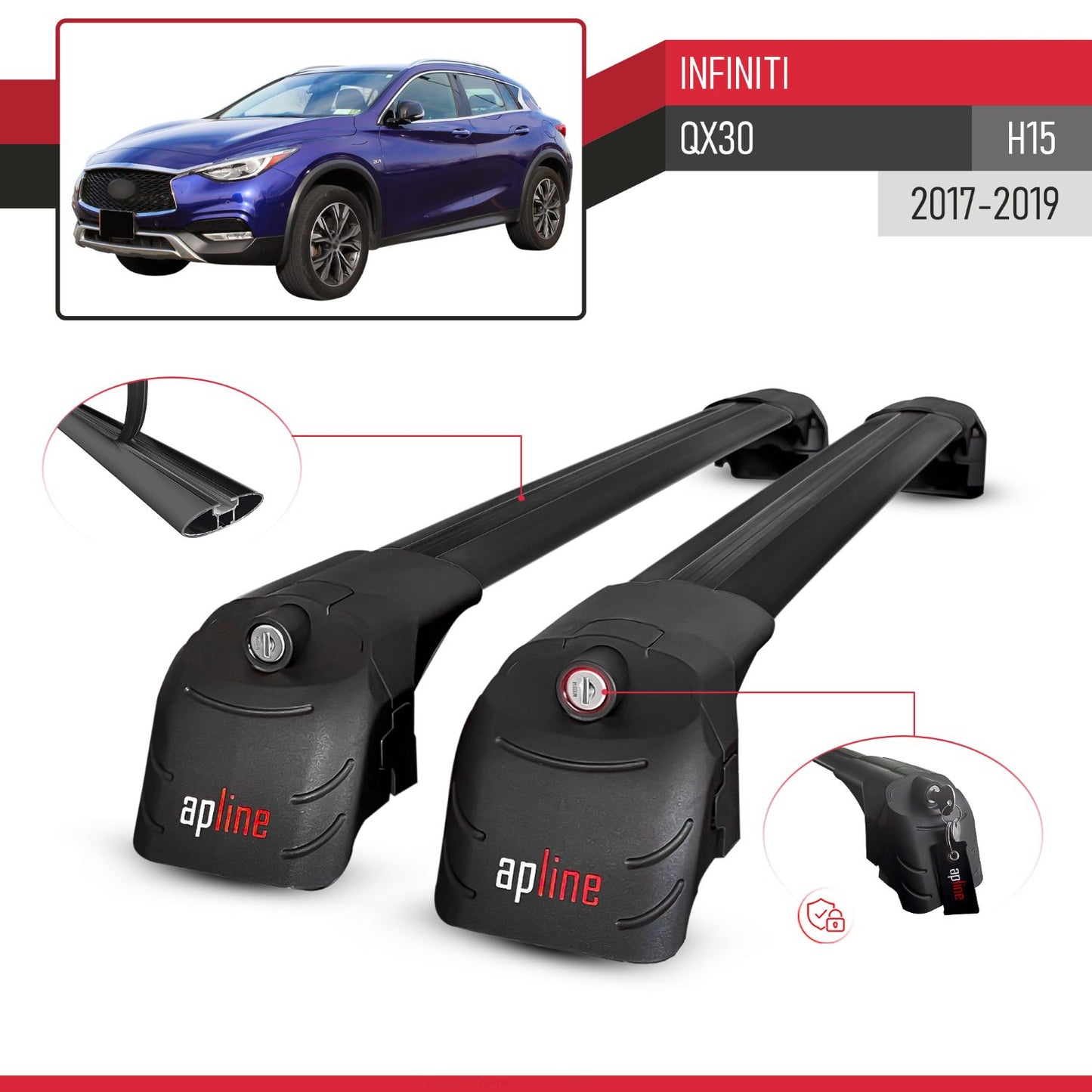 Compatible avec Infiniti QX30 (H15) 2017-2019 ACE-2 modèle Barres de Toit Railing Porte-Bagages de Voiture Noir Aluminium Barres