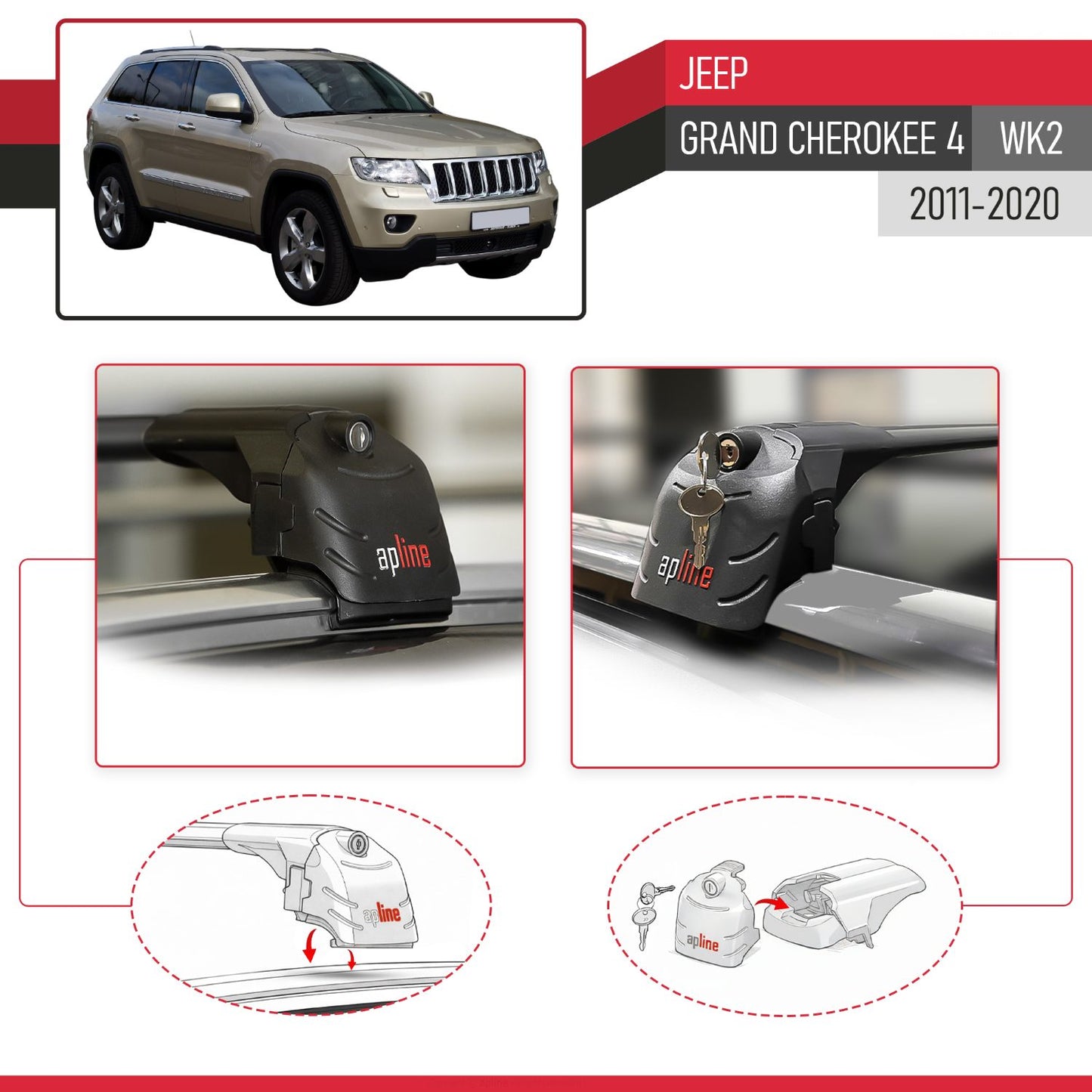 Compatible avec Jeep Grand Cherokee 4 (WK2) 2011-2020 ACE-2 modèle Barres de Toit Railing Porte-Bagages de Voiture Noir Aluminium Barres