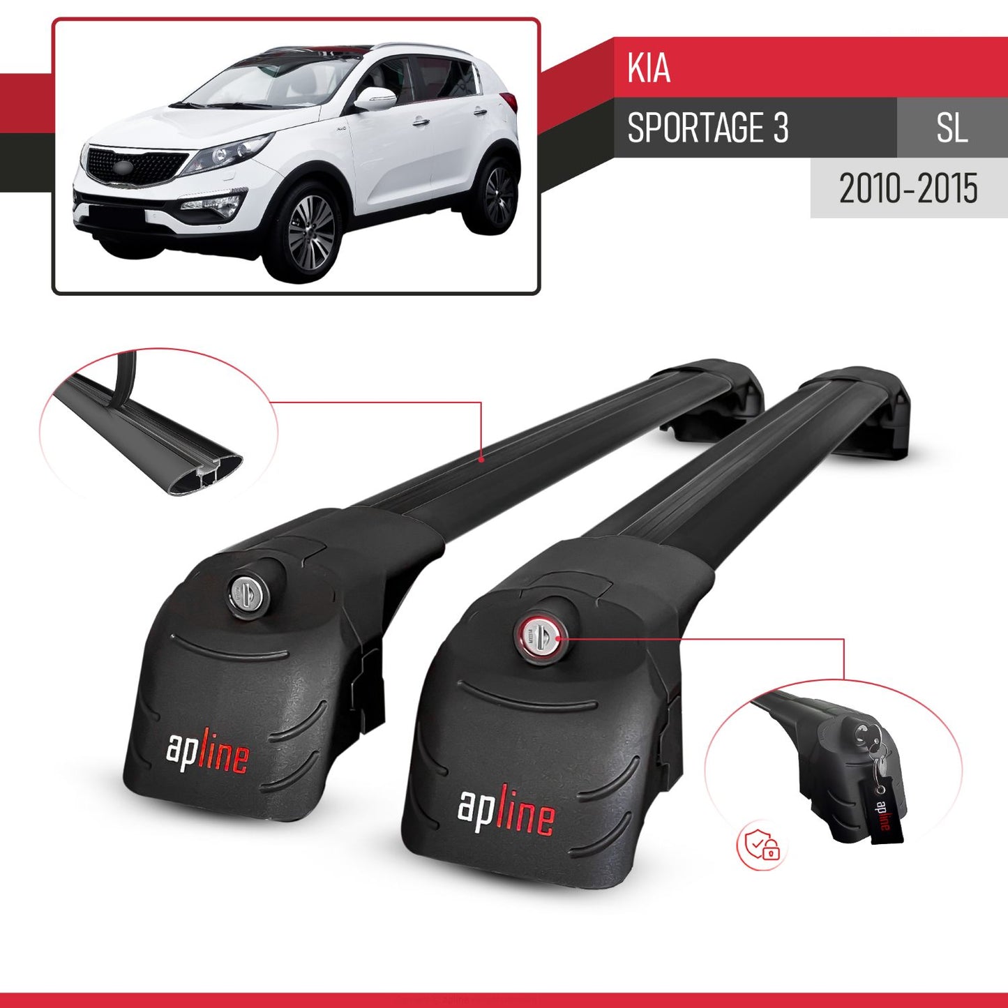 Compatible avec Kia Sportage 3 (SL) 2010-2015 ACE-2 modèle Barres de Toit Railing Porte-Bagages de Voiture Noir Aluminium Barres