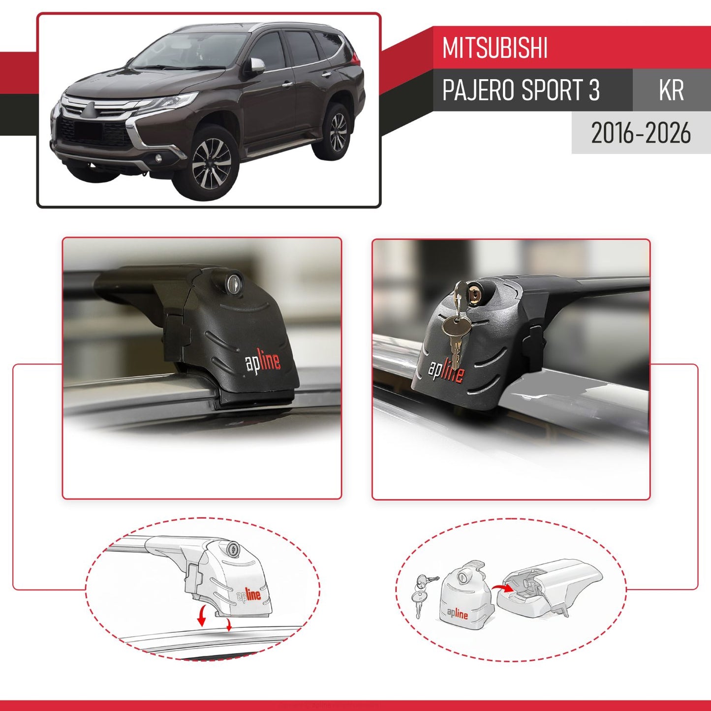 Compatible avec Mitsubishi Pajero Sport 3 (KR) 2016-2026 ACE-2 modèle Barres de Toit Railing Porte-Bagages de Voiture Noir Aluminium Barres
