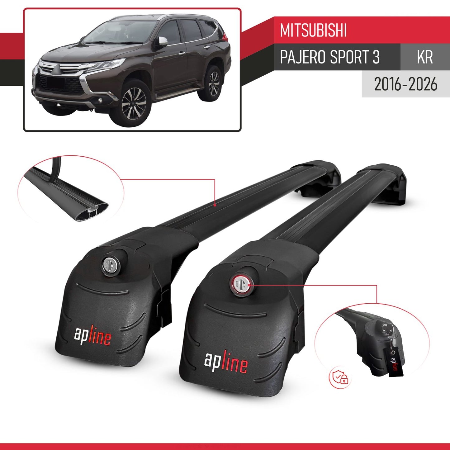 Compatible avec Mitsubishi Pajero Sport 3 (KR) 2016-2026 ACE-2 modèle Barres de Toit Railing Porte-Bagages de Voiture Noir Aluminium Barres
