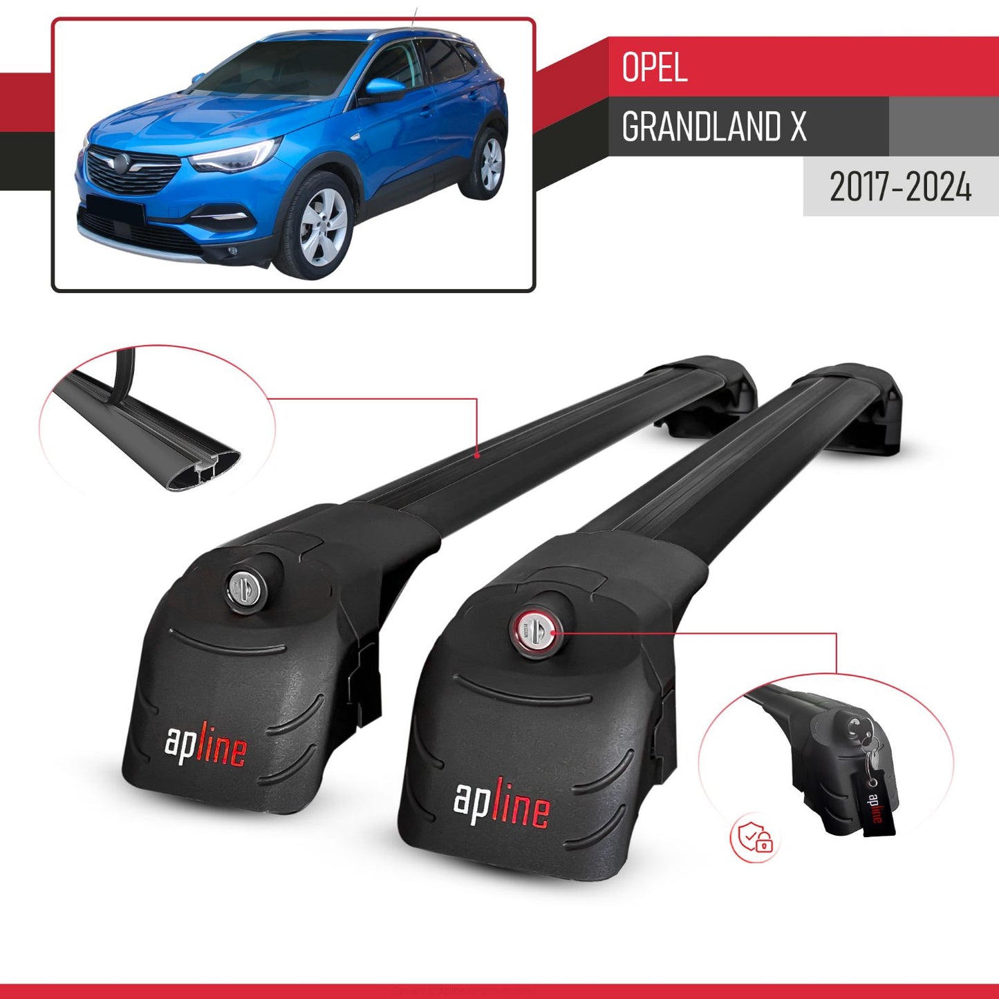 Compatible avec Opel Grandland X 2017-2024 ACE-2 modèle Barres de Toit Railing Porte-Bagages de Voiture Noir Aluminium Barres