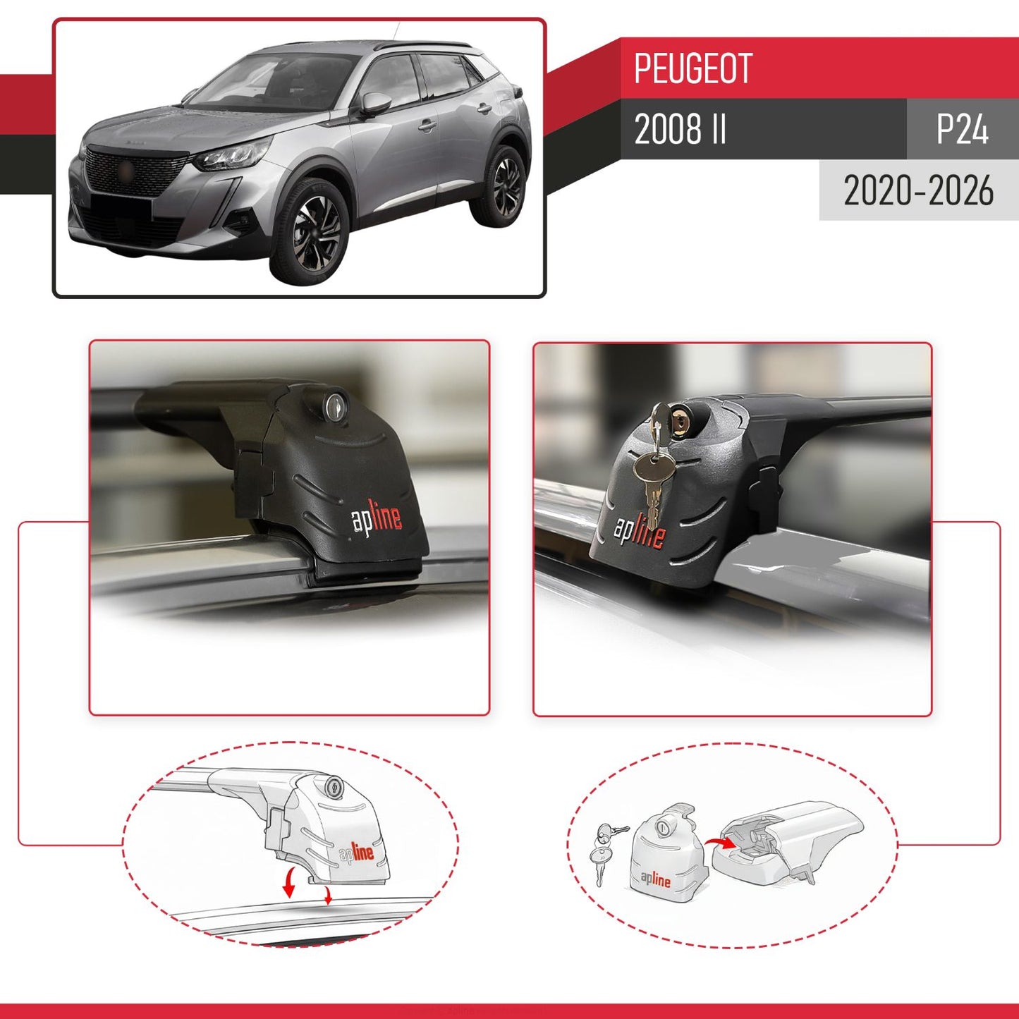 Compatible with Peugeot 2008 II (P24) 2020-2025 ACE-2 Car Roof Rack Cross Bar Black Aluminium 2 Bars