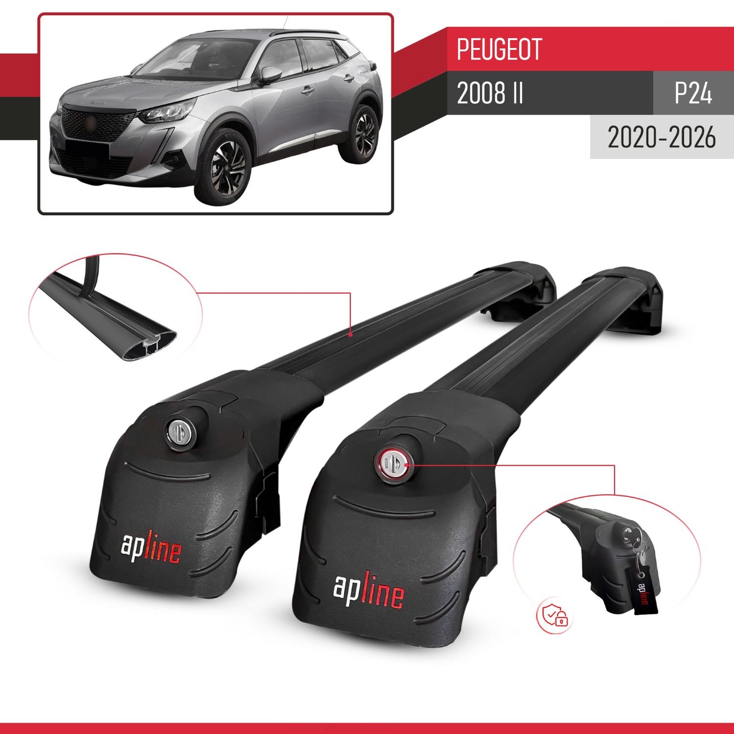 Compatible with Peugeot 2008 II (P24) 2020-2025 ACE-2 Car Roof Rack Cross Bar Black Aluminium 2 Bars