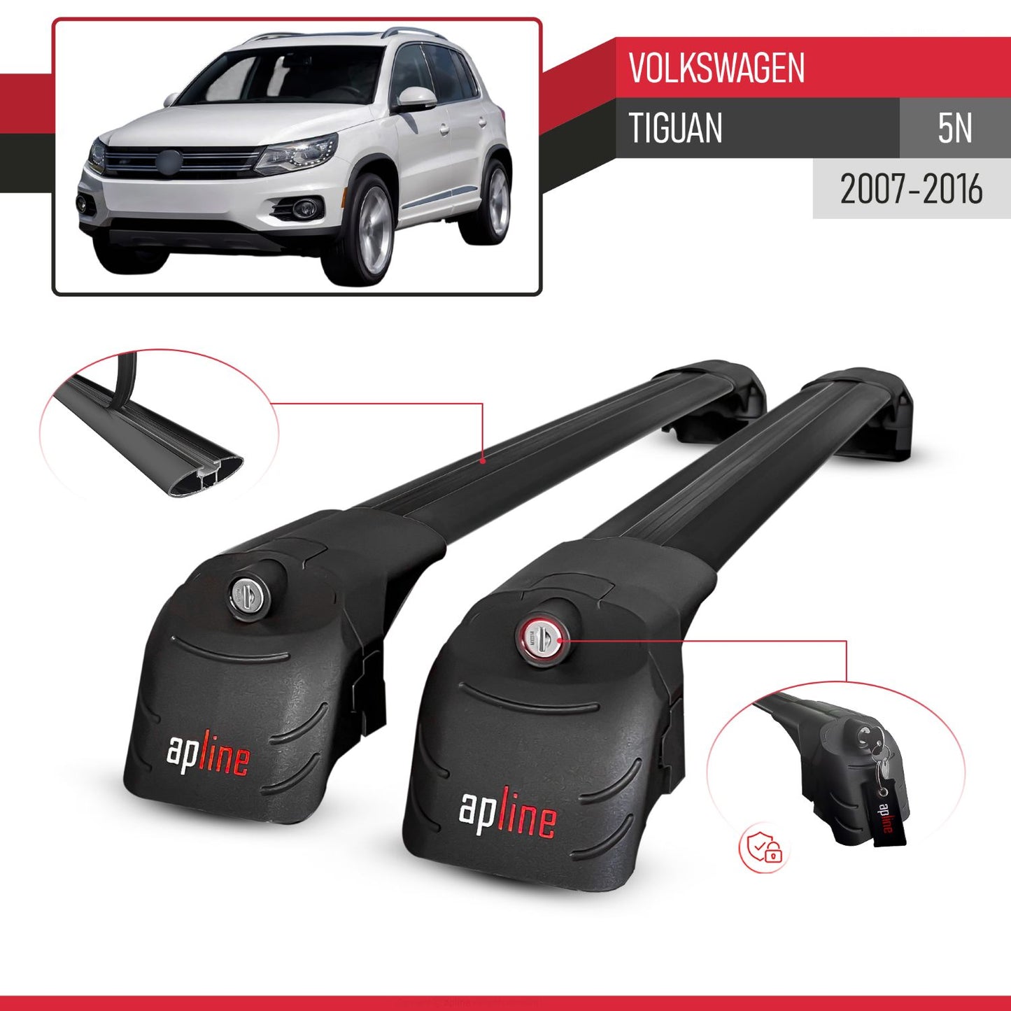 Compatible avec Volkswagen Tiguan (5N) 2007-2016 ACE-2 modèle Barres de Toit Railing Porte-Bagages de Voiture Noir Aluminium Barres