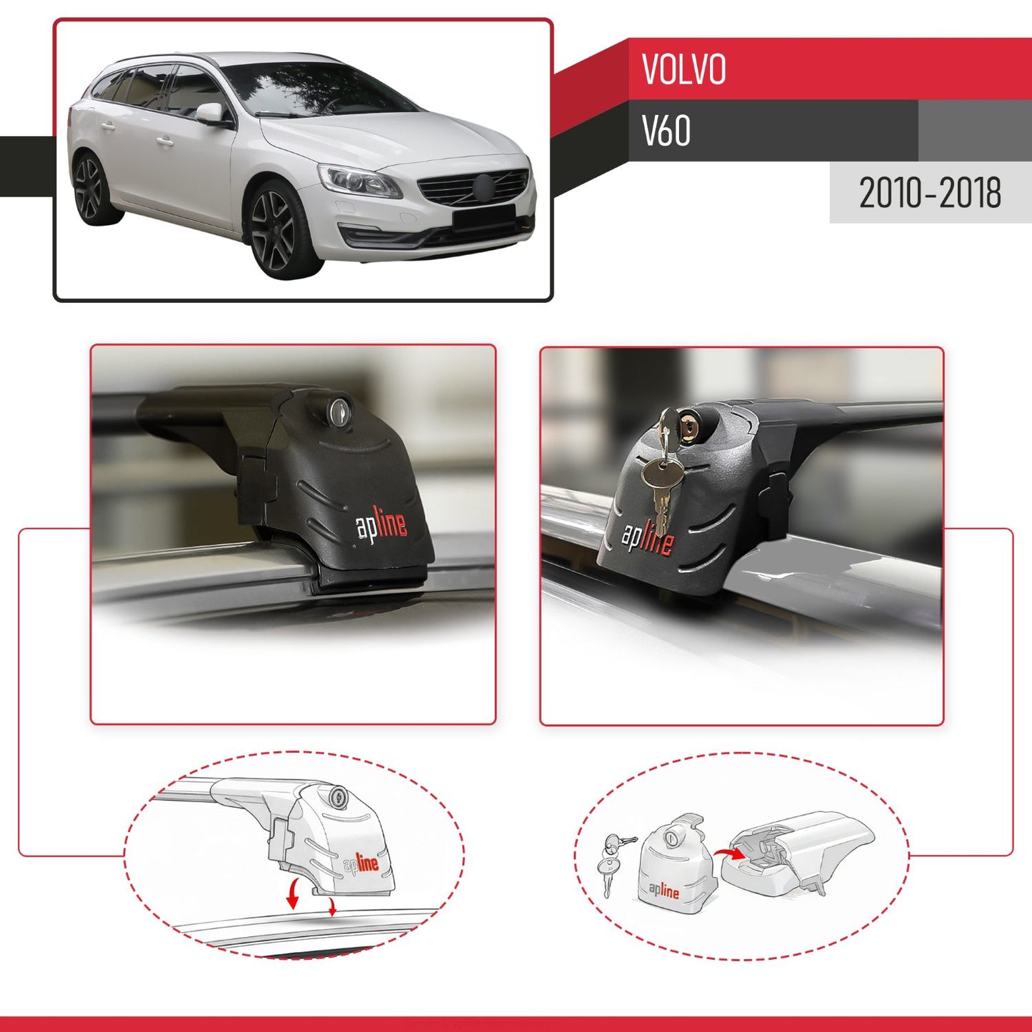 Compatible avec Volvo V60 2010-2018 ACE-2 modèle Barres de Toit Railing Porte-Bagages de Voiture Noir Aluminium Barres
