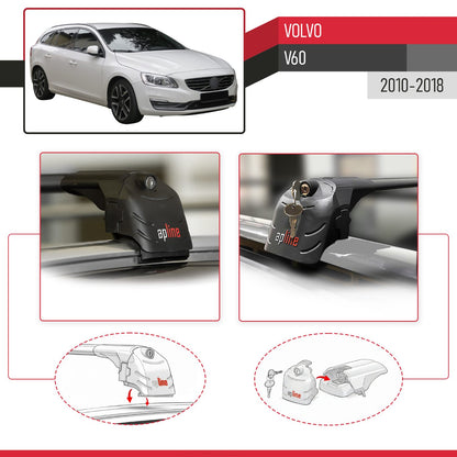 Compatible avec Volvo V60 2010-2018 ACE-2 modèle Barres de Toit Railing Porte-Bagages de Voiture Noir Aluminium Barres