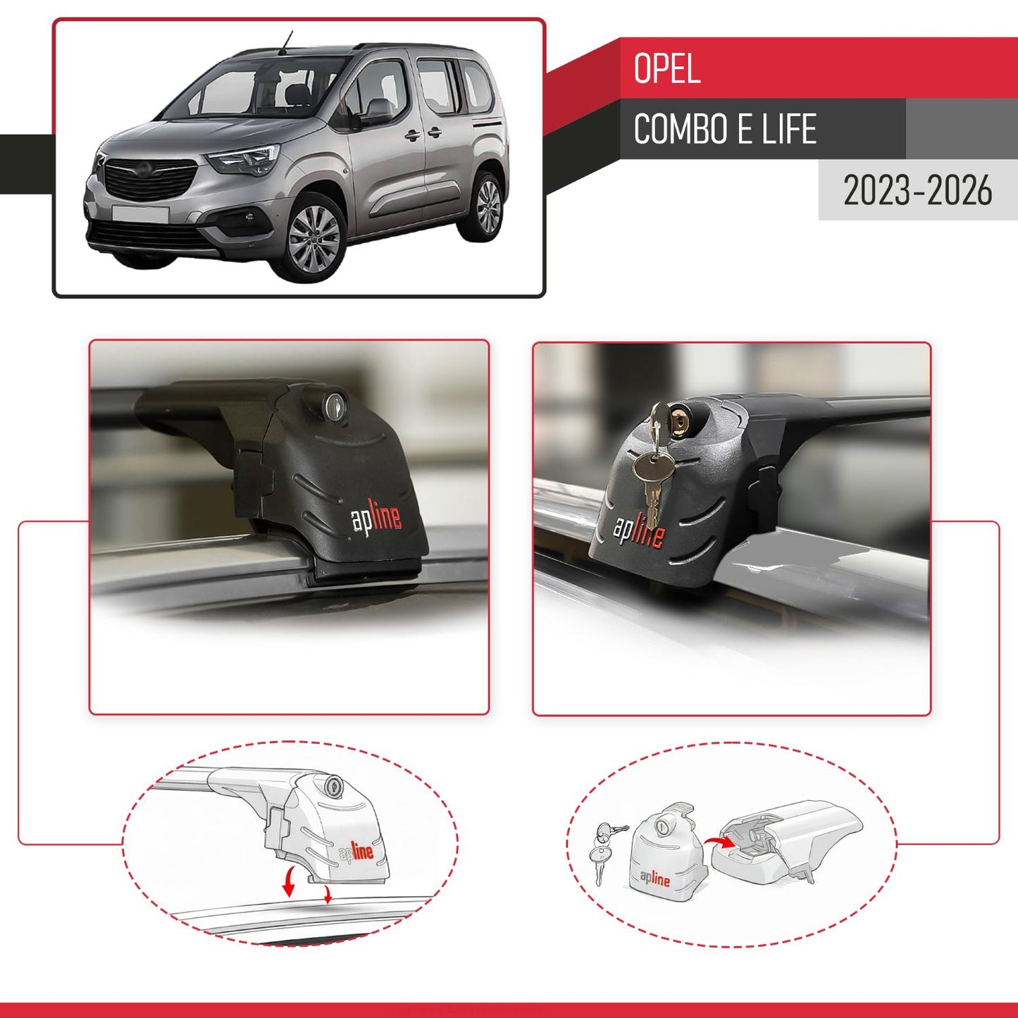 Compatible avec Opel Combo E Life 2023-2026 ACE-2 modèle Barres de Toit Railing Porte-Bagages de Voiture Noir Aluminium Barres