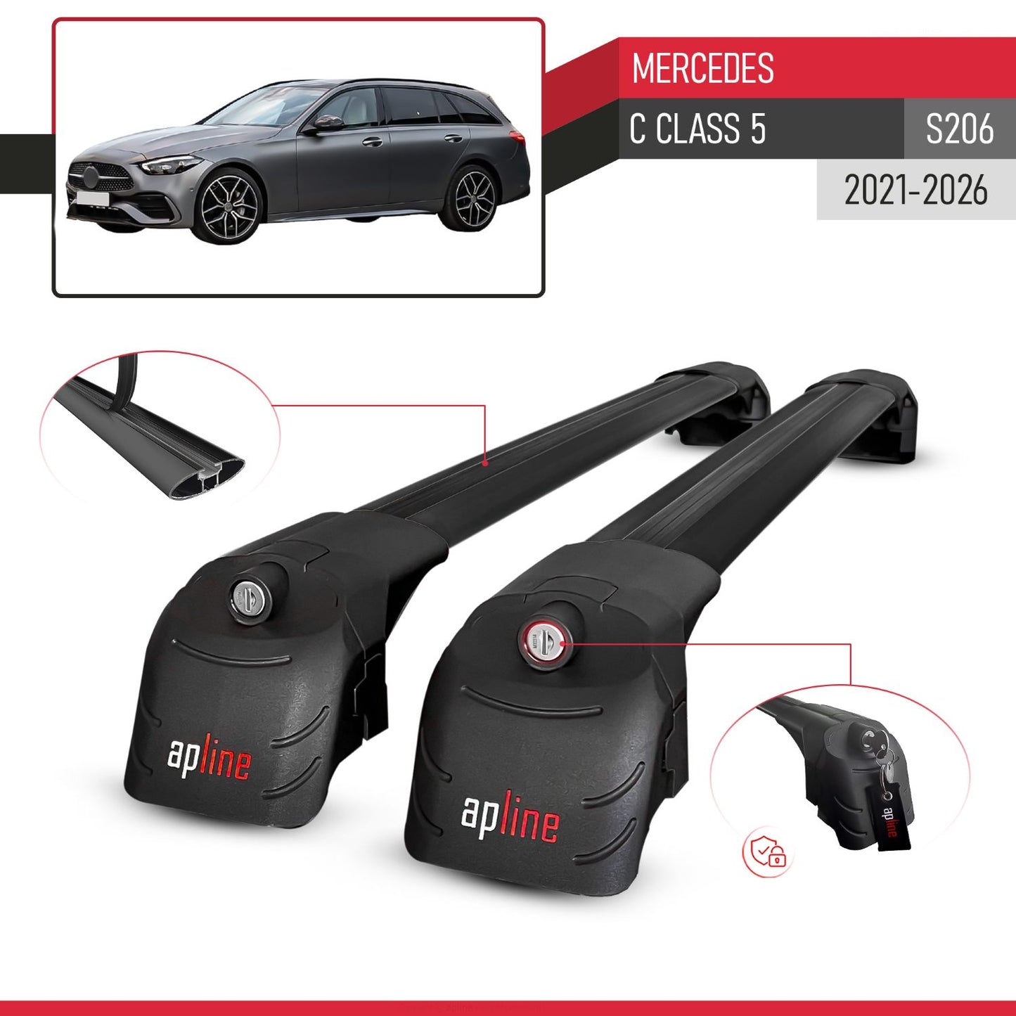Compatible with Mercedes C Class 5 (S206) 2022-2025 ACE-2 Car Roof Rack Cross Bar Black Aluminium 2 Bars