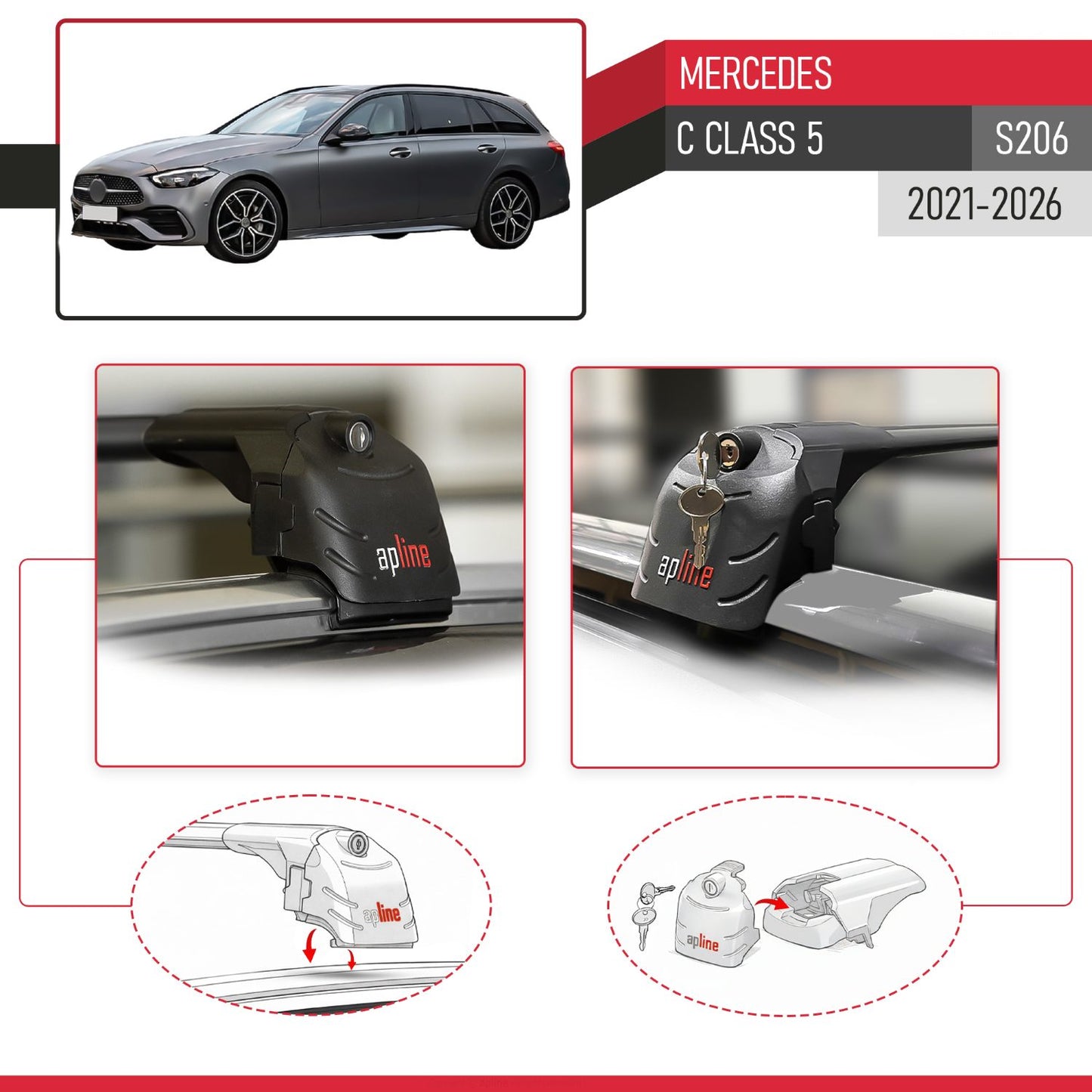 Compatible with Mercedes C Class 5 (S206) 2022-2025 ACE-2 Car Roof Rack Cross Bar Black Aluminium 2 Bars
