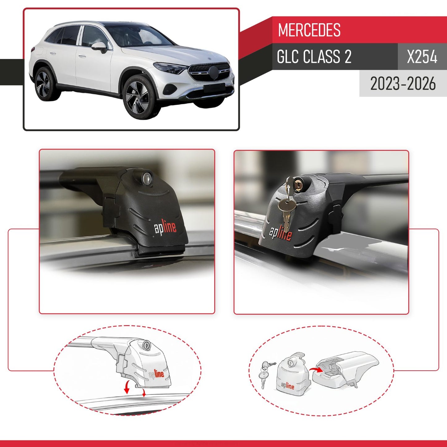 Compatible with Mercedes GLC Class 2 (X254) 2023-2025 ACE-2 Car Roof Rack Cross Bar Black Aluminium 2 Bars