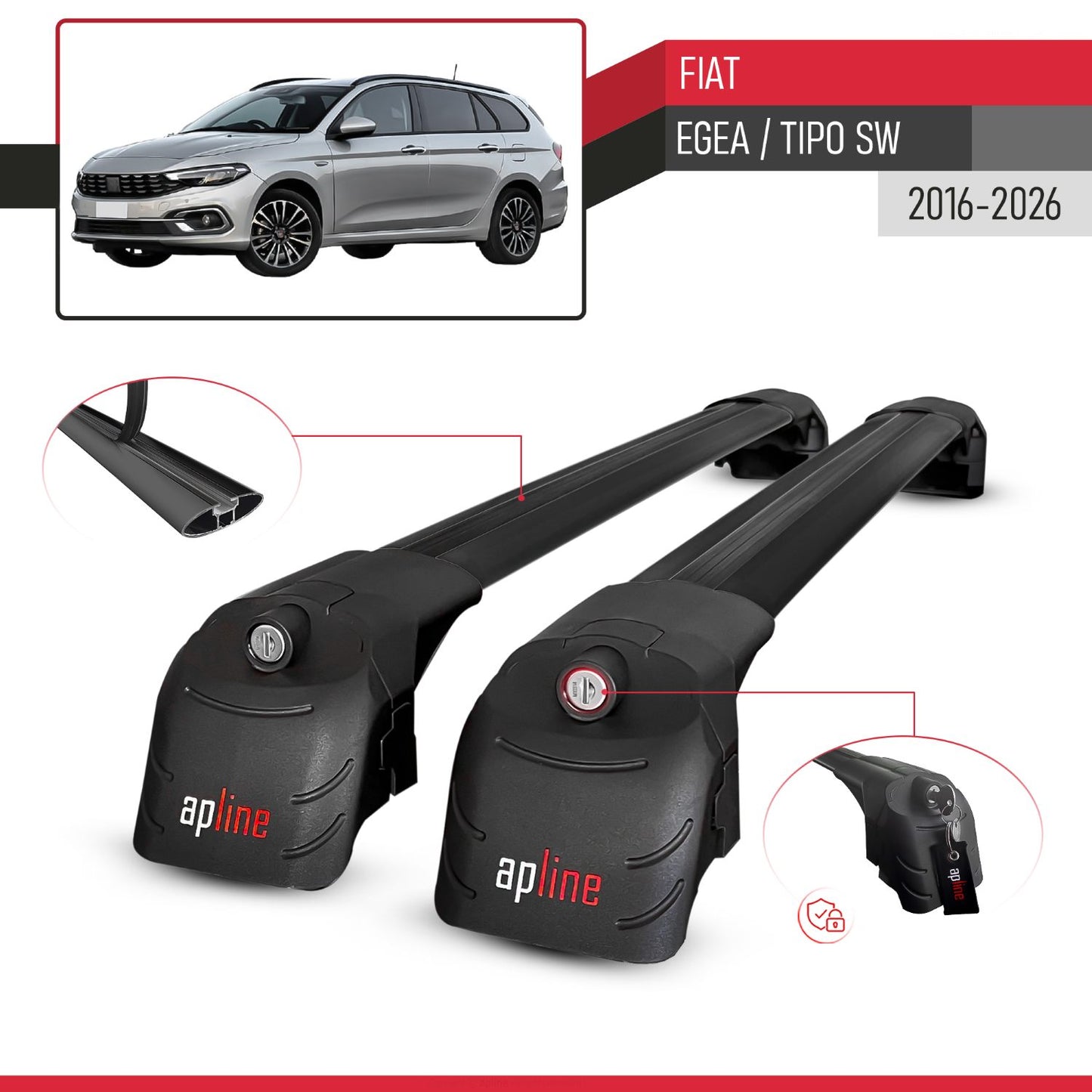 Compatible with Fiat Egea SW 2016-2025 ACE-2 Car Roof Rack Cross Bar Black Aluminium 2 Bars