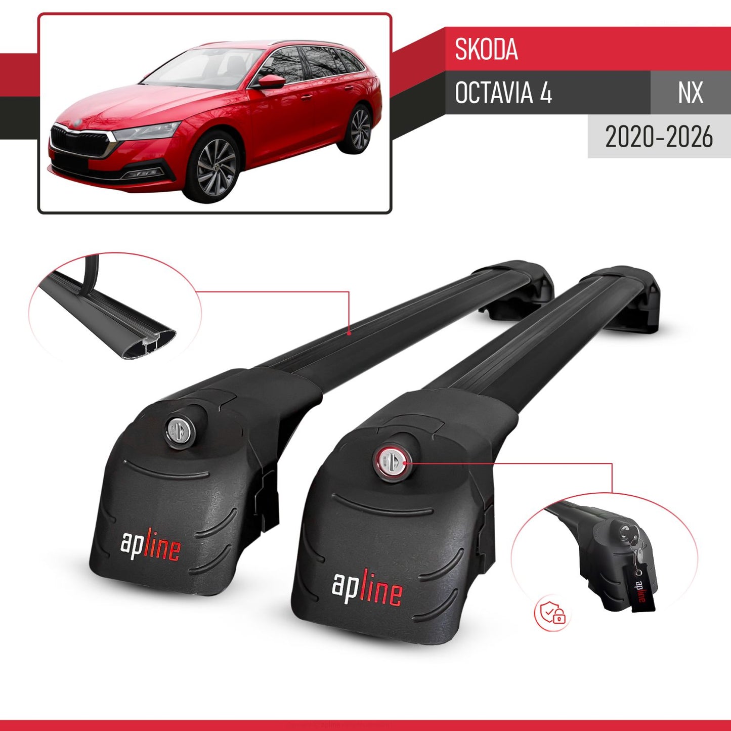 Compatible with Skoda Octavia 4 (NX) 2020-2025 ACE-2 Car Roof Rack Cross Bar Black Aluminium 2 Bars