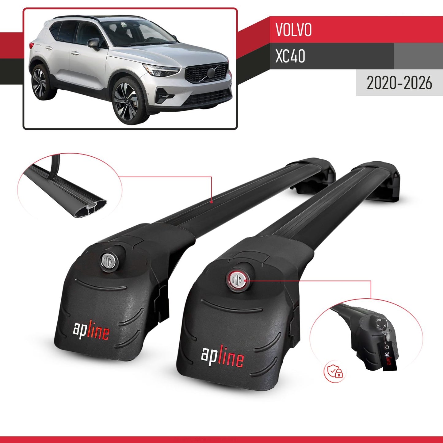 Compatible avec Volvo XC40 2020-2026 ACE-2 modèle Barres de Toit Railing Porte-Bagages de Voiture Noir Aluminium Barres