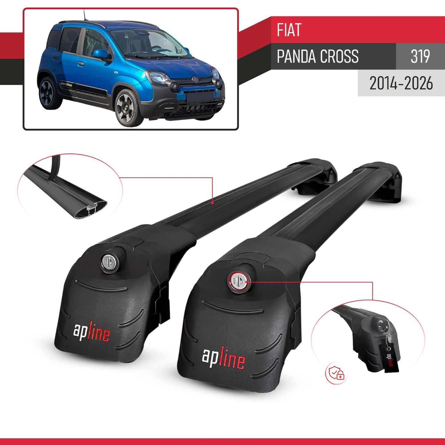 Compatible avec Fiat Panda Cross (319) 2014-2026 ACE-2 modèle Barres de Toit Railing Porte-Bagages de Voiture Noir Aluminium Barres