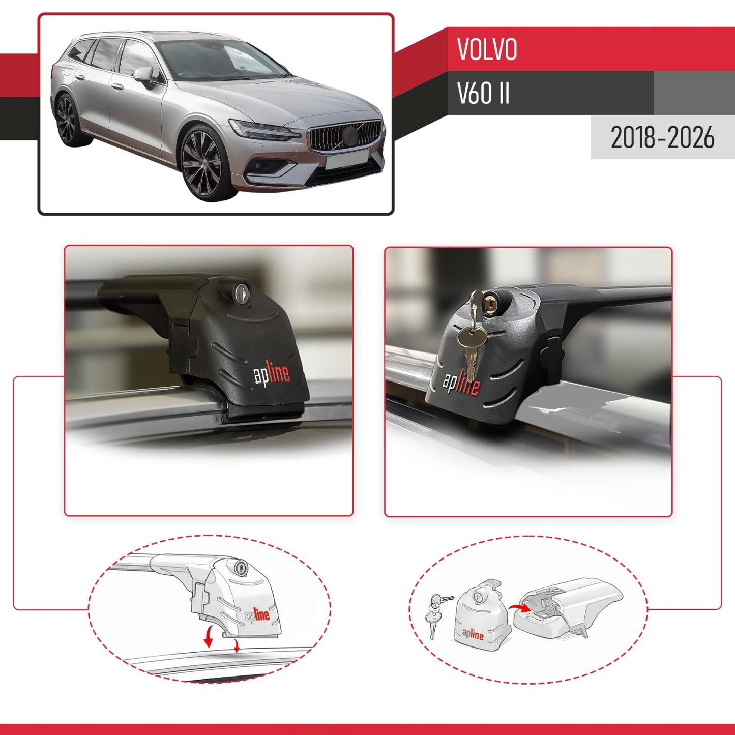Compatible with Volvo V60 II 2019-2025 ACE-2 Car Roof Rack Cross Bar Black Aluminium 2 Bars