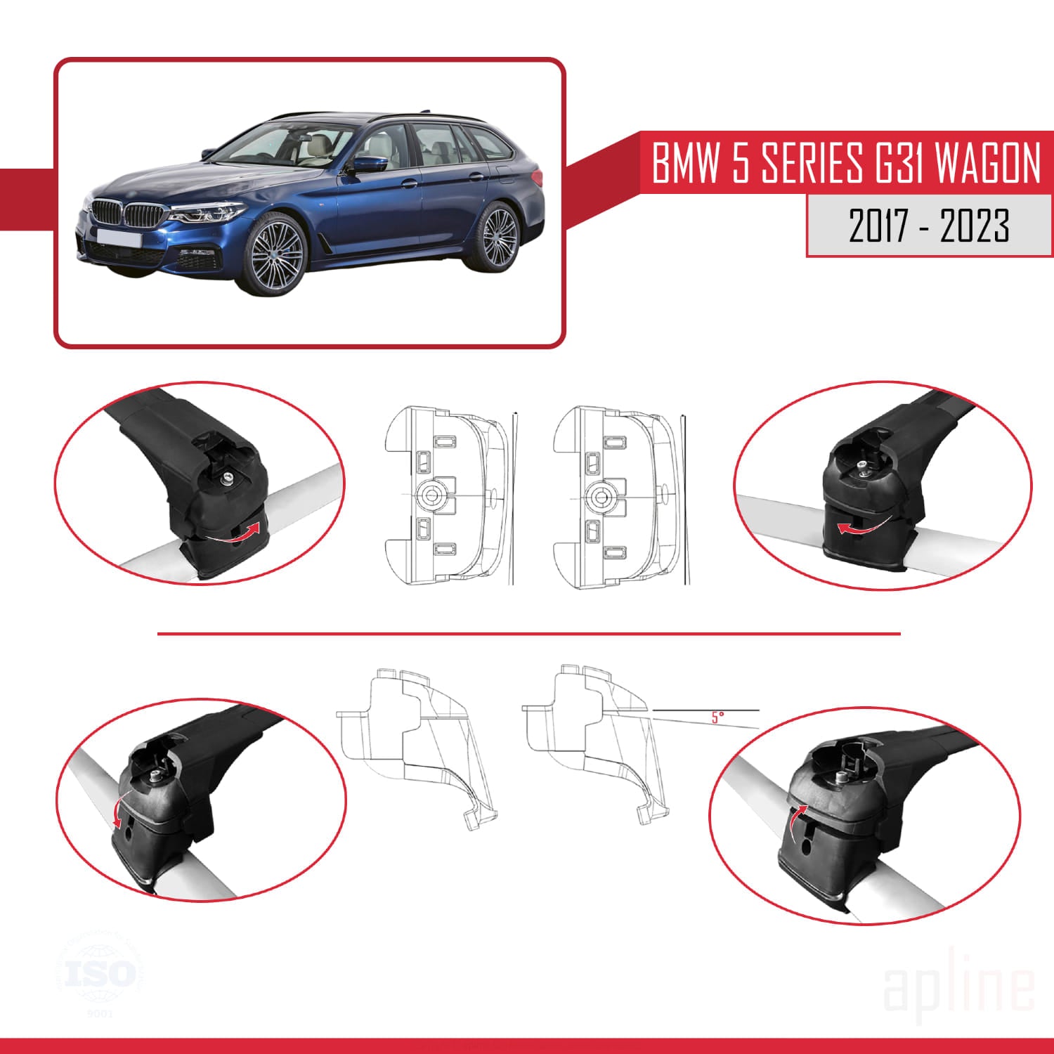 Compatible avec BMW 5 Series G31 Wagon 2017-2023 ACE-2 Barres de Toit Railing Porte-Bagages de Voiture Noir Aluminium 2 Barres