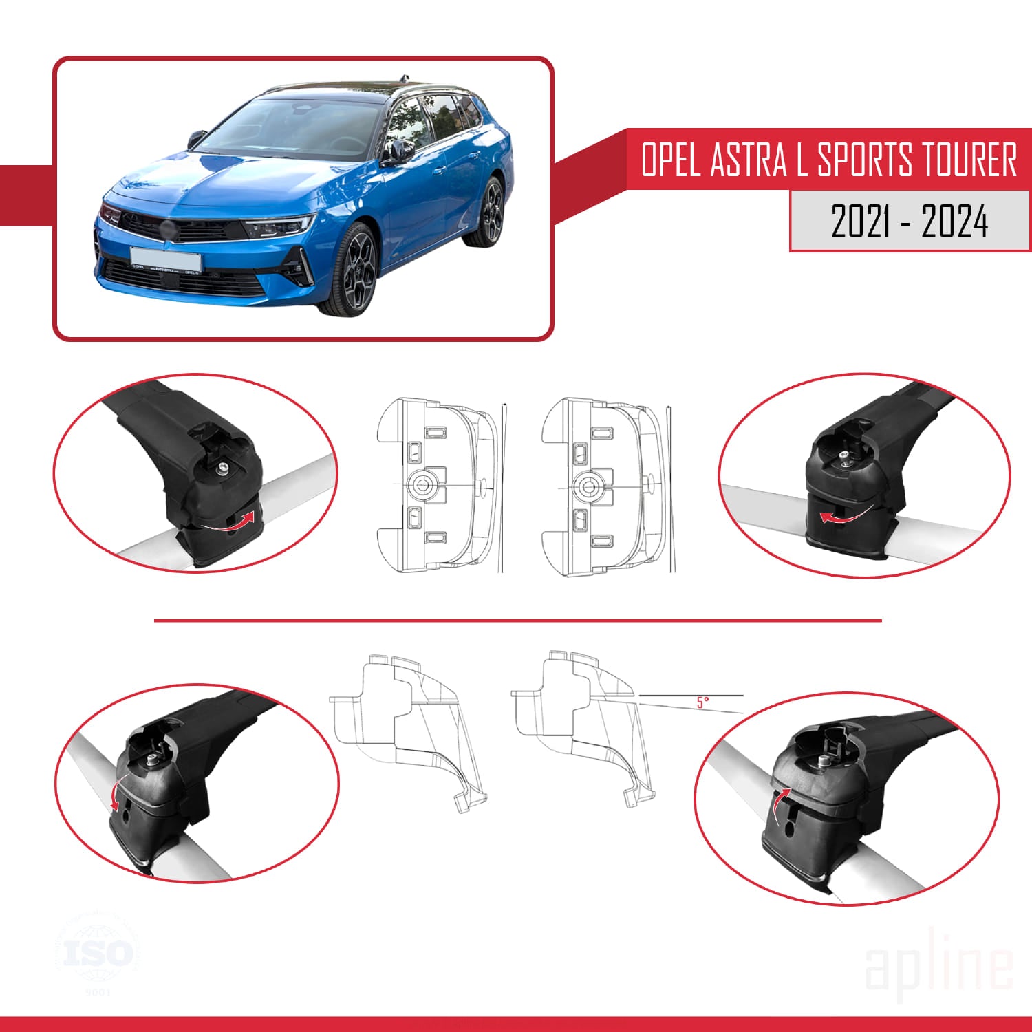Compatible avec Opel Astra L Sports Tourer 2021-2024 ACE-2 Barres de Toit Railing Porte-Bagages de Voiture Noir Aluminium 2 Barres