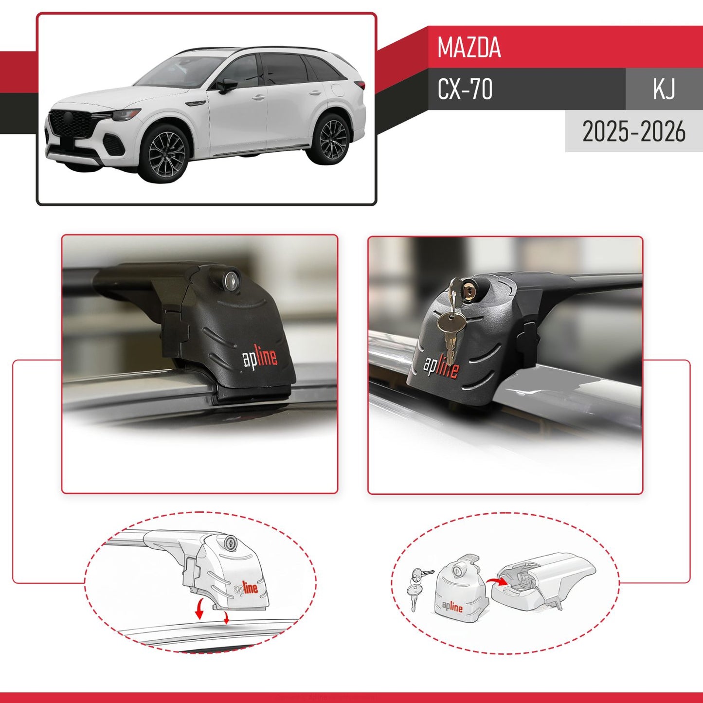 Compatible avec Mazda CX-70 (KJ) 2025-2026 ACE-2 modèle Barres de Toit Railing Porte-Bagages de Voiture Noir Aluminium Barres