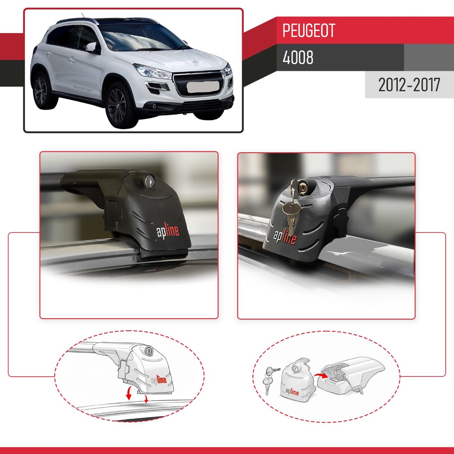 Compatible avec Peugeot 4008 2012-2017 ACE-2 modèle Barres de Toit Railing Porte-Bagages de Voiture Noir Aluminium Barres