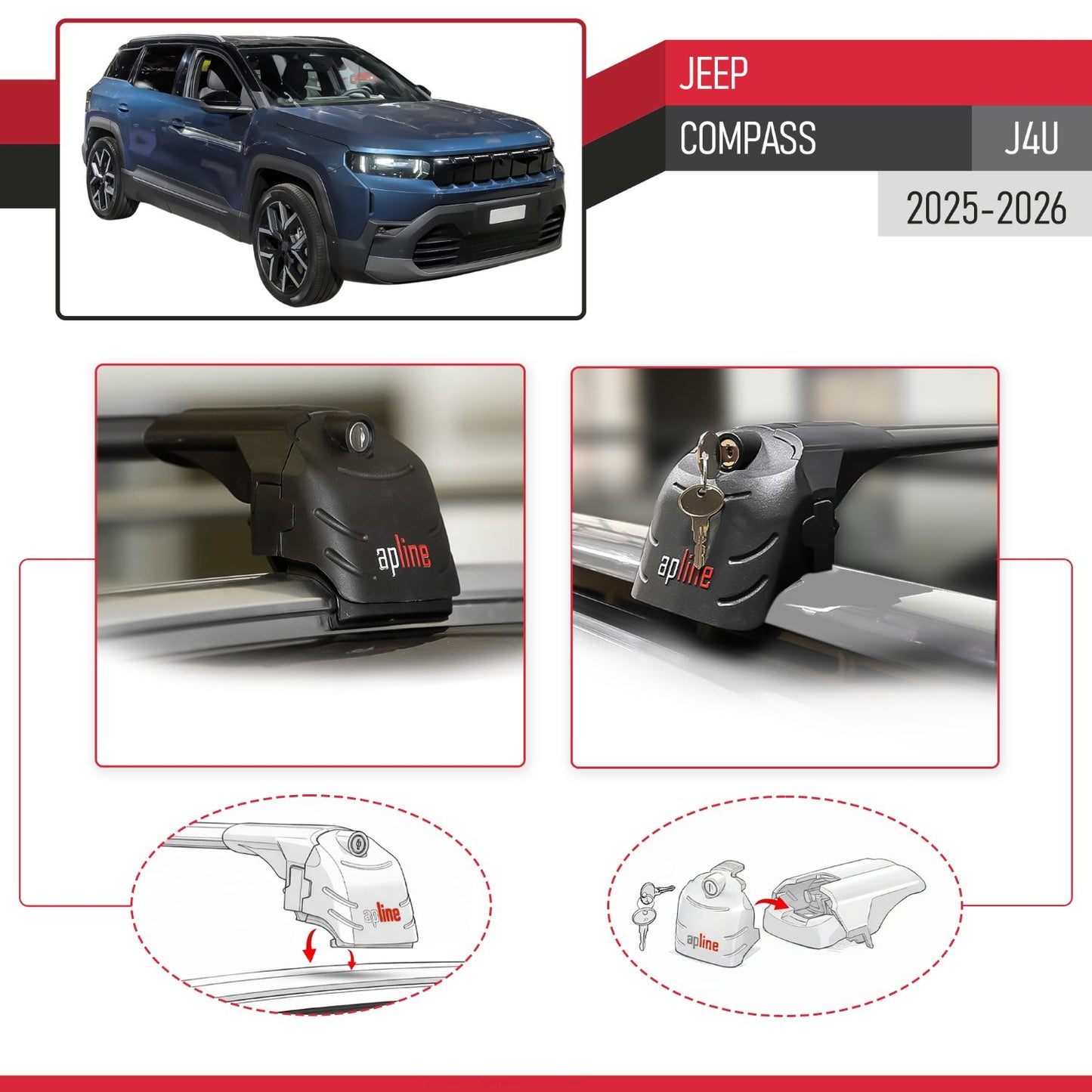Compatible avec Jeep Compass (J4U) 2025-2026 ACE-2 modèle Barres de Toit Railing Porte-Bagages de Voiture Noir Aluminium Barres