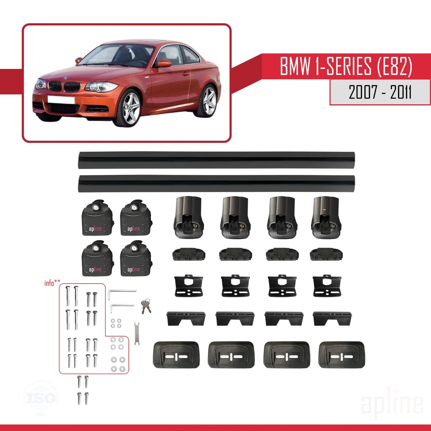 Compatible with BMW 1 Series (E82) 2007-2013 ACE-3 Car Roof Rack Cross Bar Black Aluminium 2 Bars