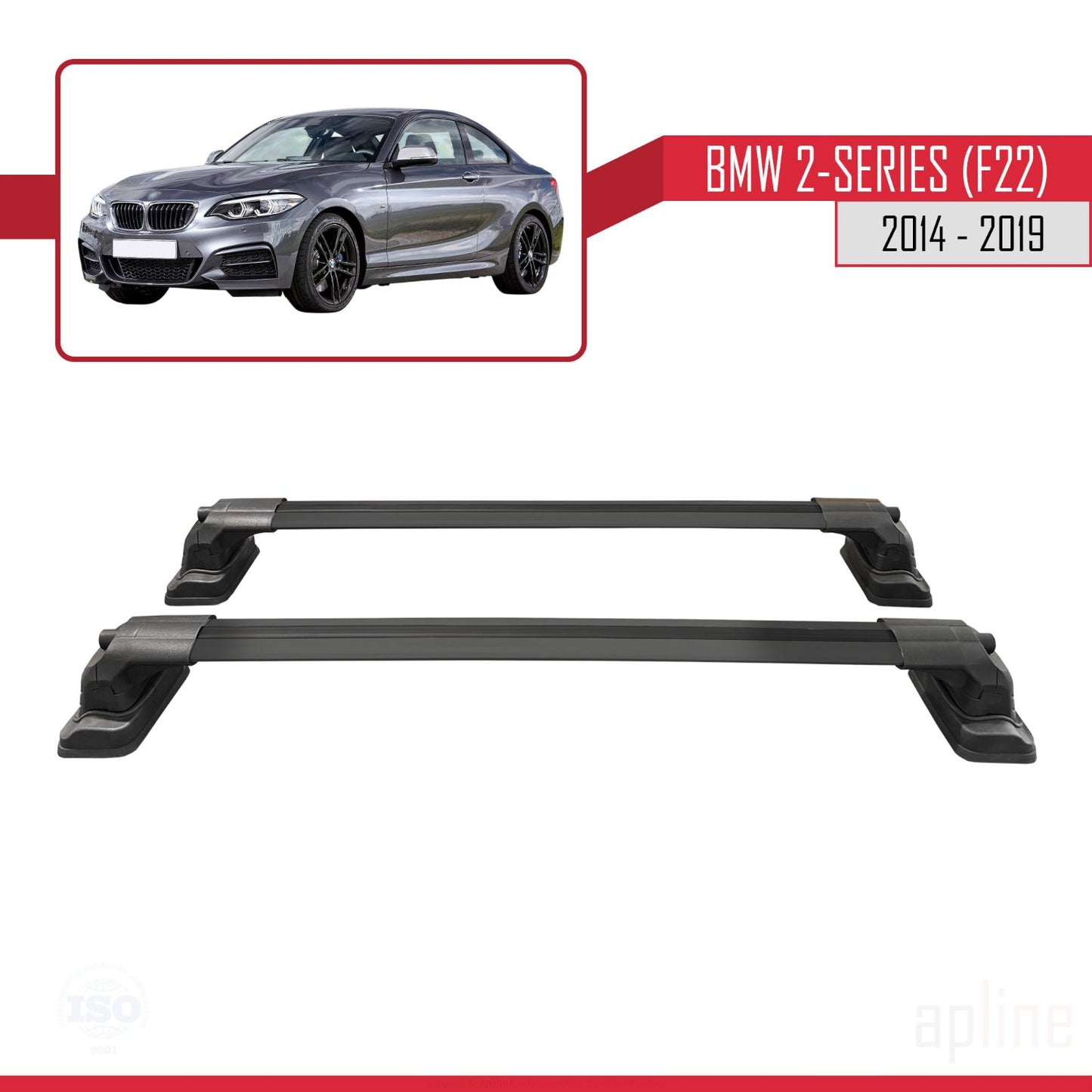 Compatible with BMW 2 Series (F22) 2014-2019 ACE-3 Car Roof Rack Cross Bar Black Aluminium 2 Bars