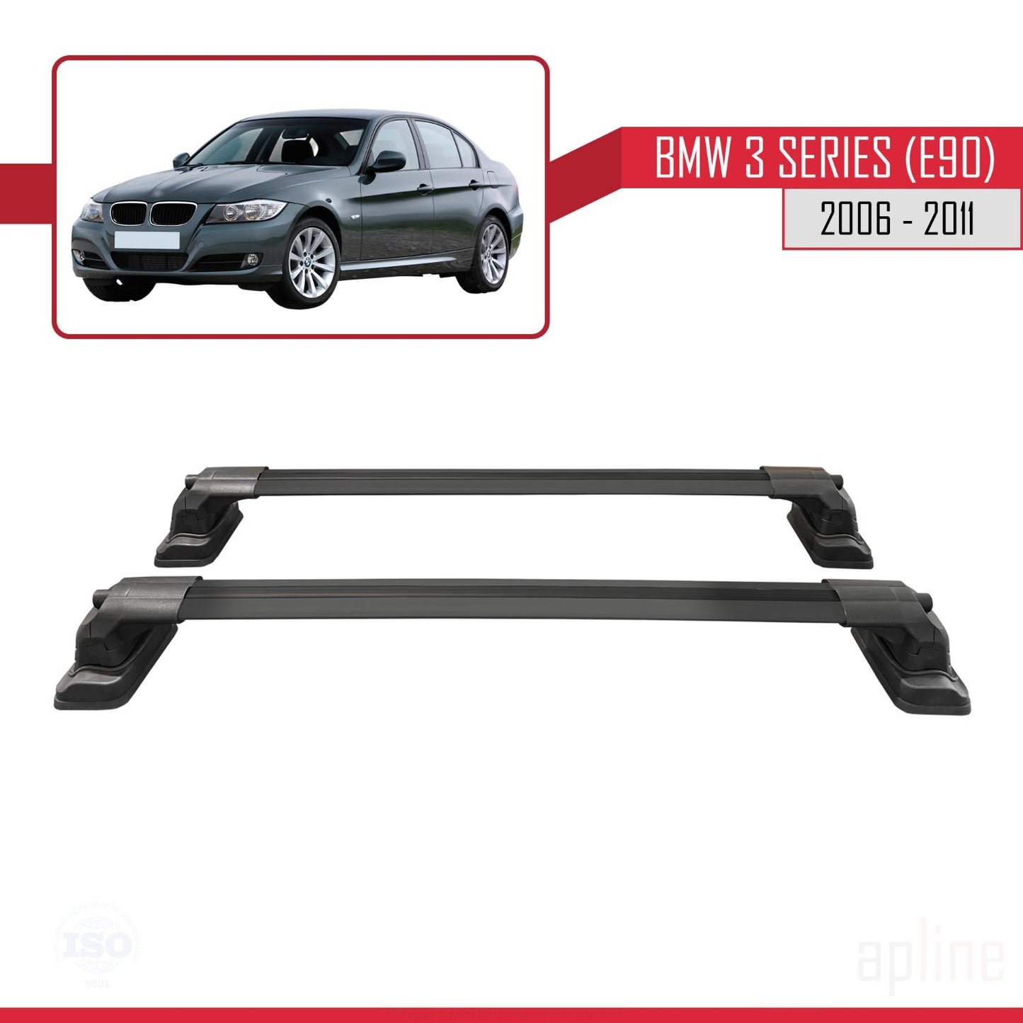 Compatible with BMW 3 Series (E90) 2006-2011 ACE-3 Car Roof Rack Cross Bar Black Aluminium 2 Bars