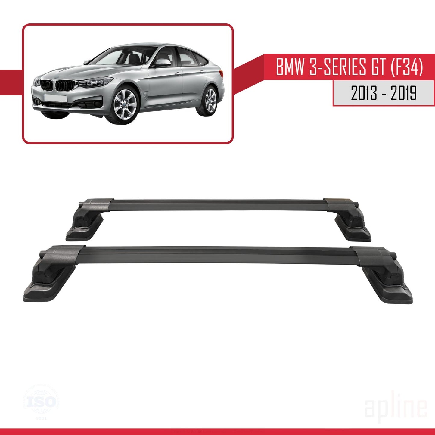 Compatible with BMW 3 Series Gran Turismo (F34) 2013-2019 ACE-3 Car Roof Rack Cross Bar Black Aluminium 2 Bars