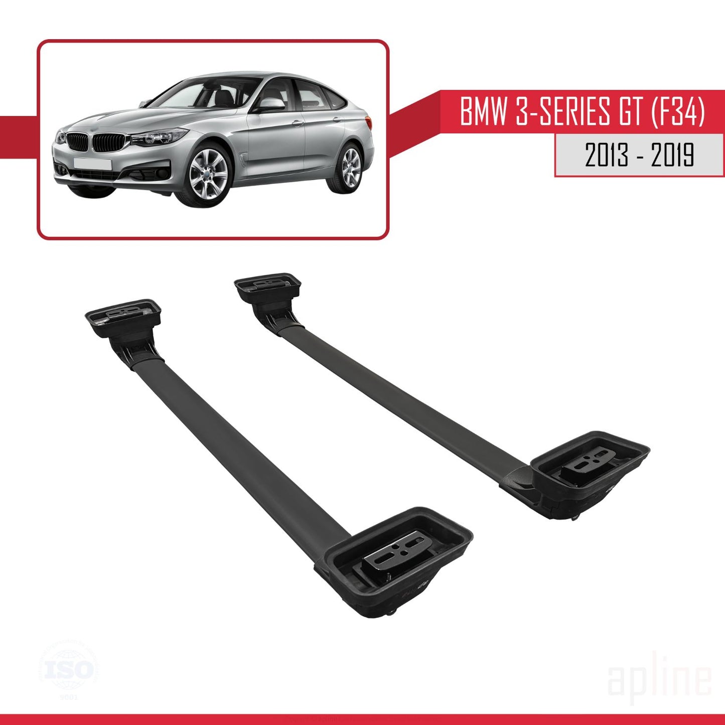 Compatible with BMW 3 Series Gran Turismo (F34) 2013-2019 ACE-3 Car Roof Rack Cross Bar Black Aluminium 2 Bars