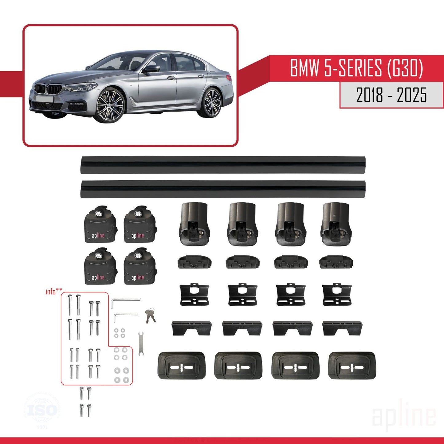 Compatible avec BMW Série 5 (G30) 2018-2025 ACE-3 Barres de Toit Railing Porte-Bagages de Voiture Noir Aluminium 2 Barres