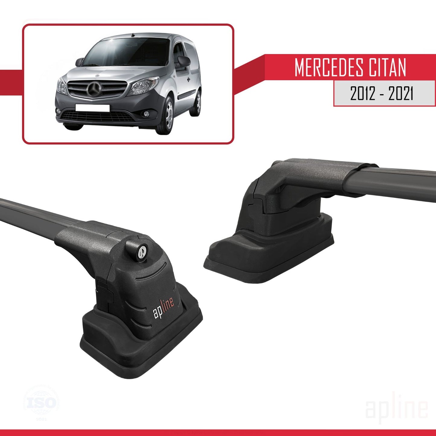Compatible avec Mercedes Benz Citan 2012-2021 ACE-3 Barres de Toit Railing Porte-Bagages de Voiture Noir Aluminium 2 Barres