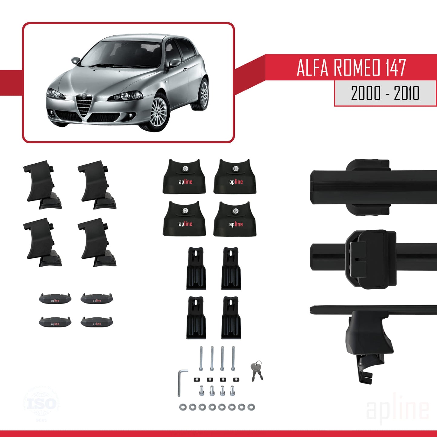 Compatible avec Alfa Romeo 147 (T937) 2000-2010 ACE-4 Barres de Toit Railing Porte-Bagages de Voiture Noir Aluminium 2 Barres