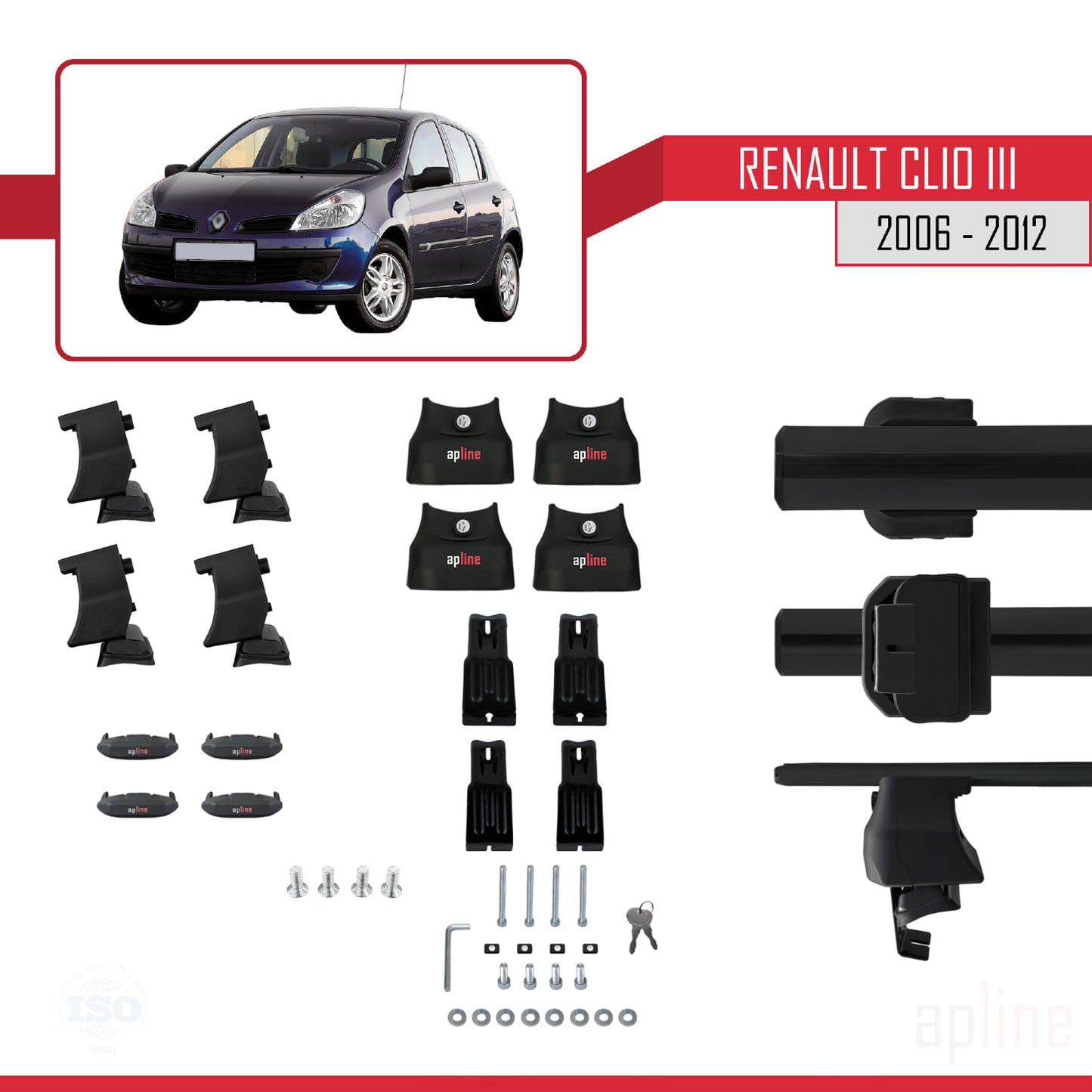 Compatible with Renault Clio 3 2006-2012 ACE-4 Car Roof Rack Cross Bar Black Aluminium 2 Bars