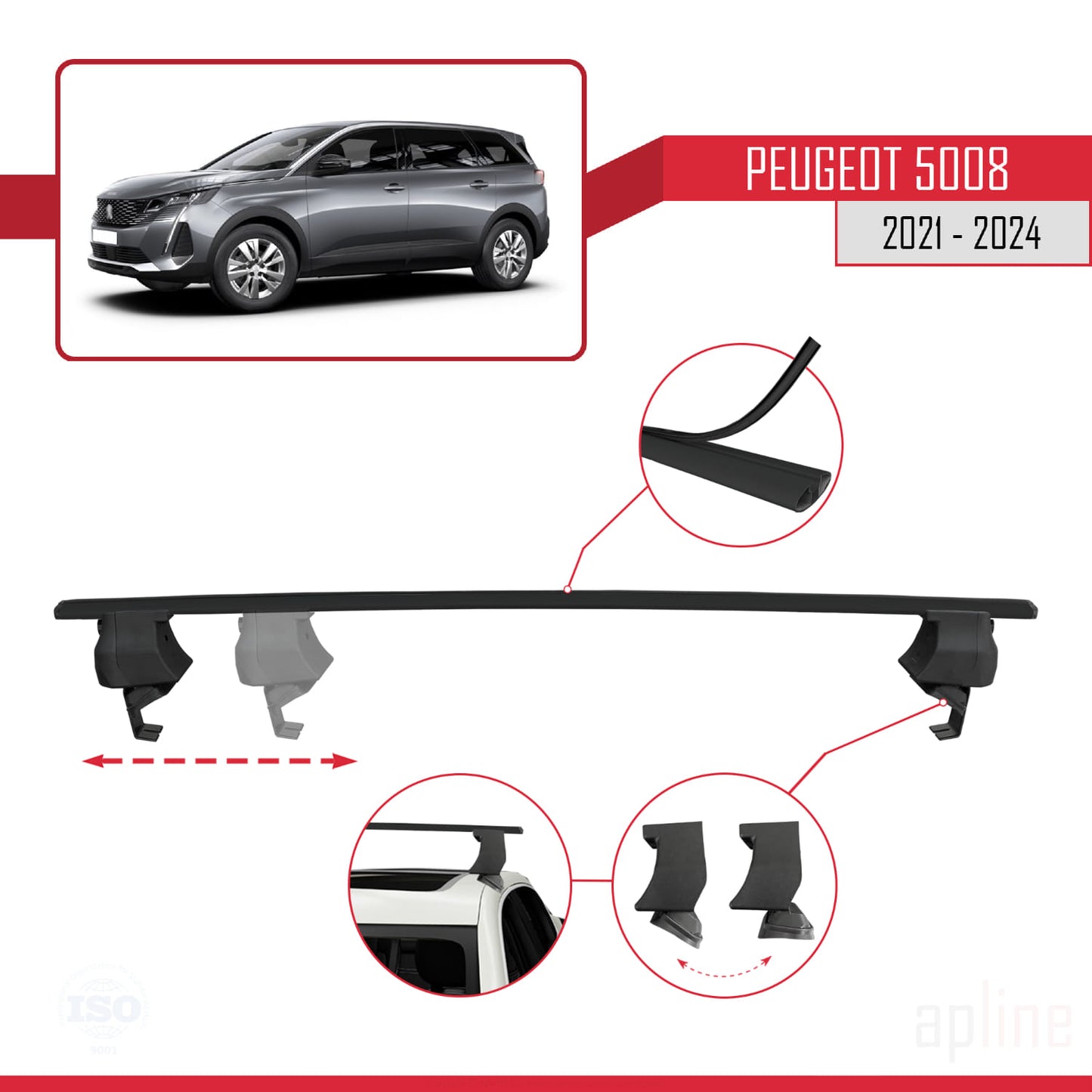 Compatible with Peugeot 5008 II (P87) Post-Facelift 2021-2024 ACE-4 Car Roof Rack Cross Bar Black Aluminium 2 Bars