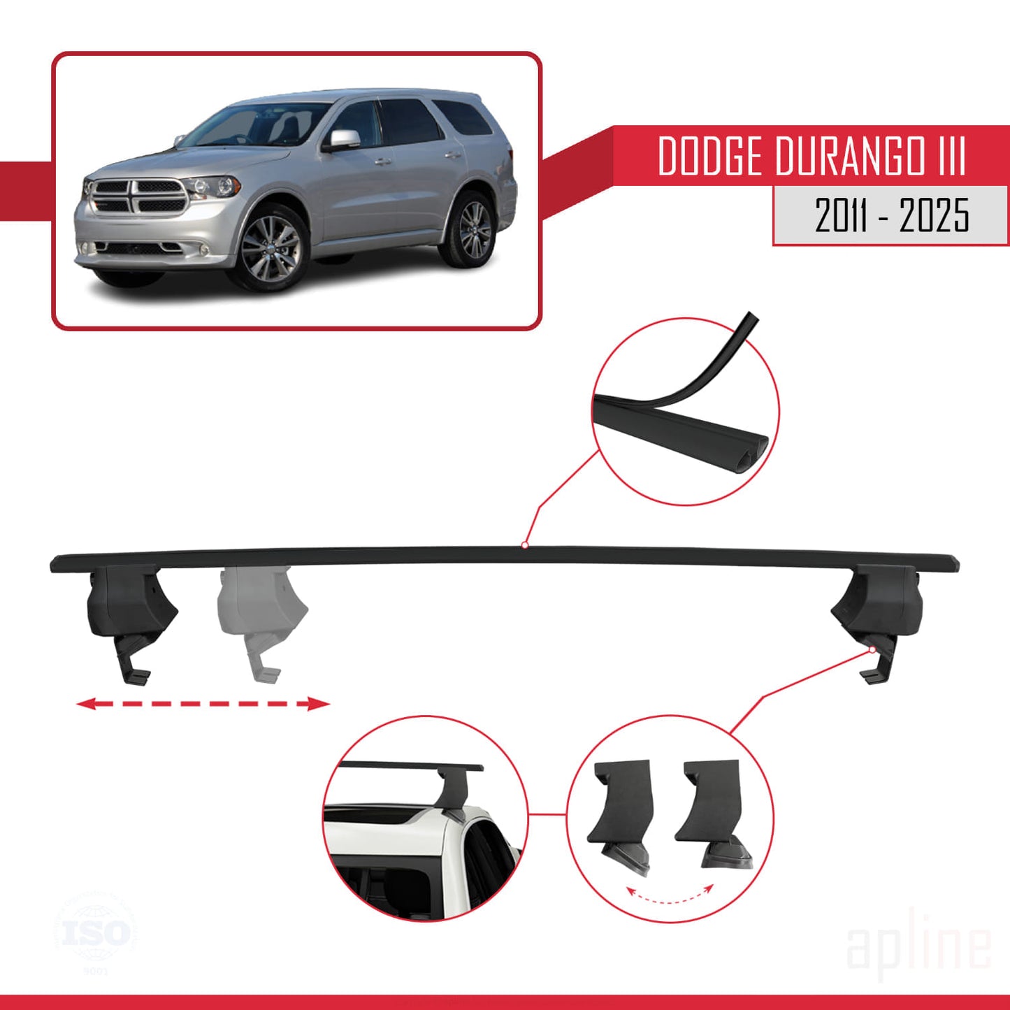 Compatible avec Dodge Durango 3 2011-2025 ACE-4 Barres de Toit Railing Porte-Bagages de Voiture Noir Aluminium 2 Barres