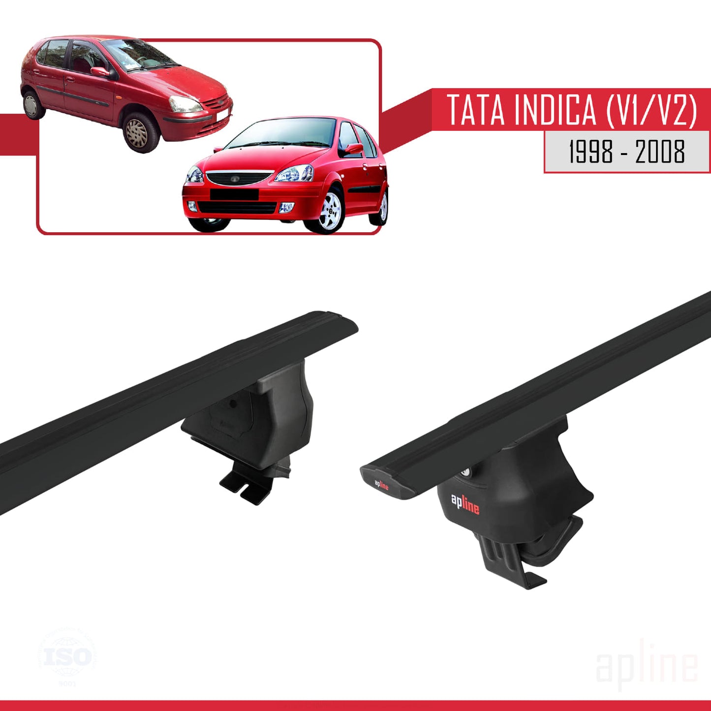Compatible avec Tata Indica (V1/V2) 1998-2008 ACE-4 Barres de Toit Railing Porte-Bagages de Voiture Noir Aluminium 2 Barres