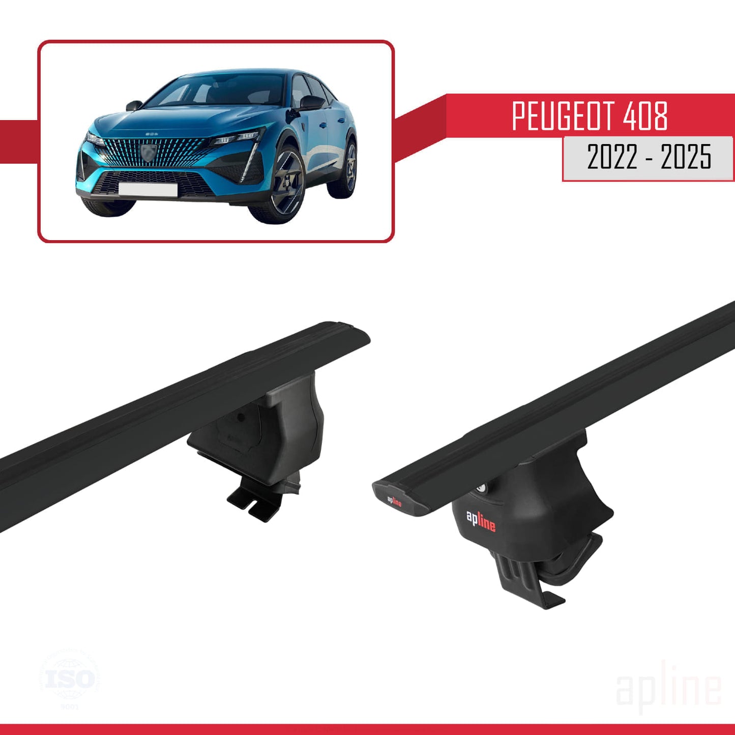 Compatible with Peugeot 408 (P54) 2022-2025 ACE-4 Car Roof Rack Cross Bar Black Aluminium 2 Bars
