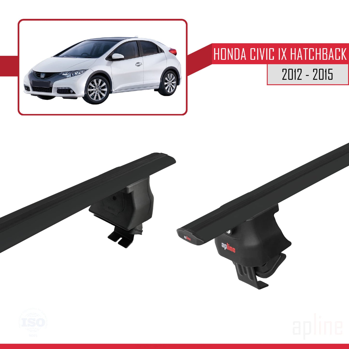 Compatible avec Honda Civic 9 (FK) HB 2012-2015 ACE-4 Barres de Toit Railing Porte-Bagages de Voiture Noir Aluminium 2 Barres