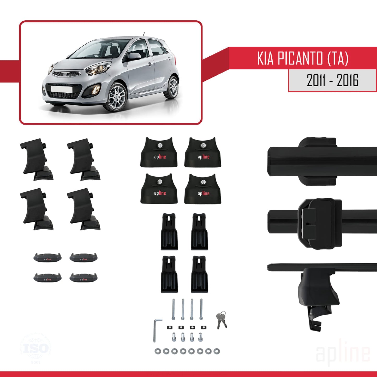 Compatible with Kia Picanto 2 (TA) 2011-2016 ACE-4 Car Roof Rack Cross Bar Black Aluminium 2 Bars