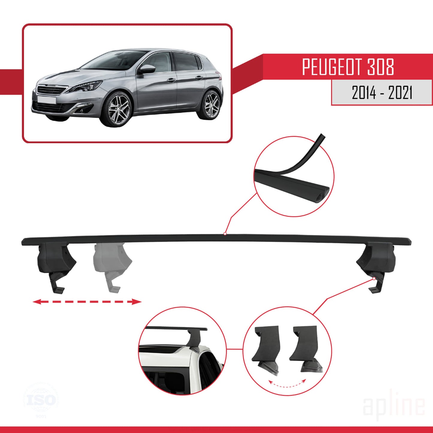Compatible avec Peugeot 308 II (T9) 2014-2021 ACE-4 Barres de Toit Railing Porte-Bagages de Voiture Noir Aluminium 2 Barres