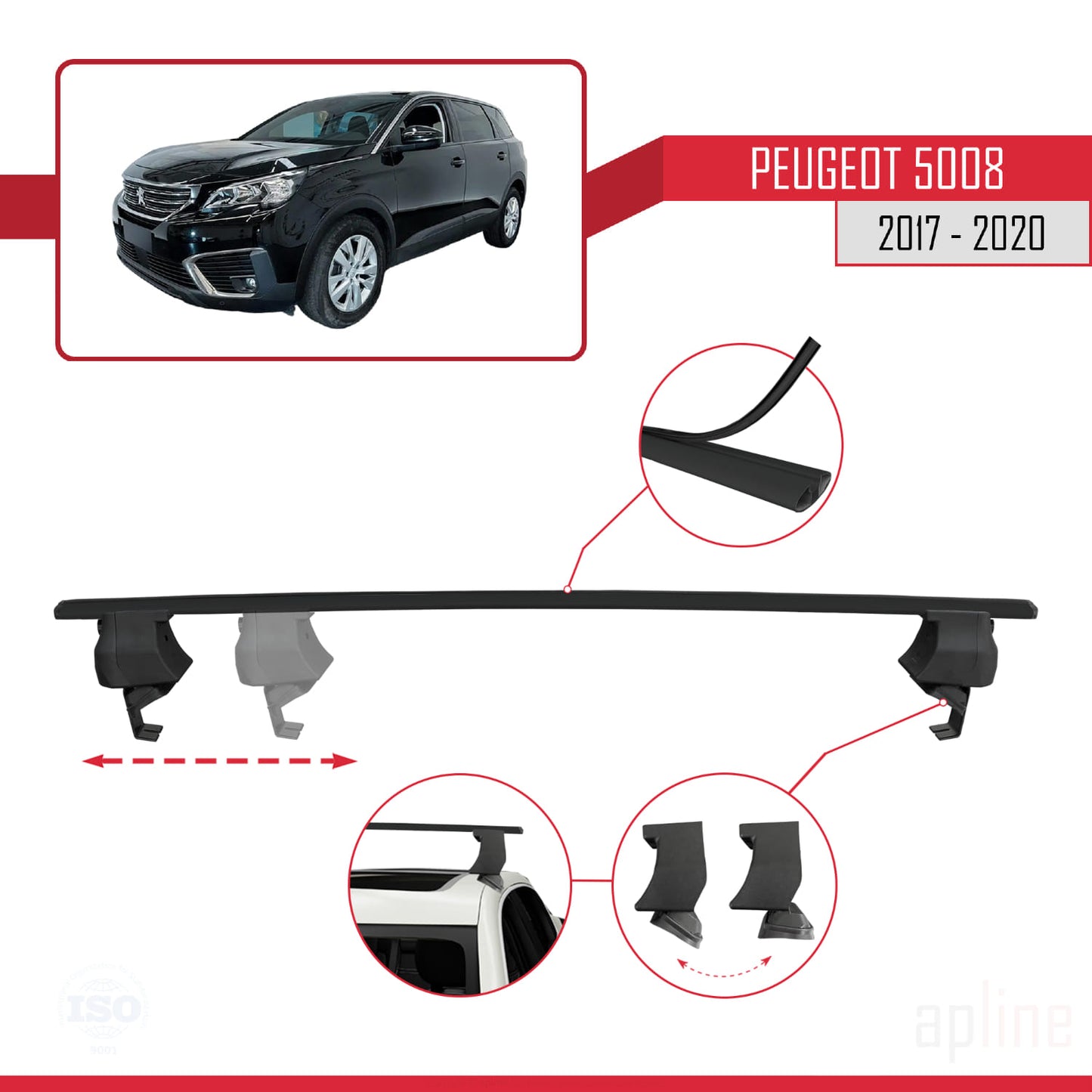 Compatible avec Peugeot 5008 II (P87) Pre-Facelift 2017-2020 ACE-4 Barres de Toit Railing Porte-Bagages de Voiture Noir Aluminium 2 Barres