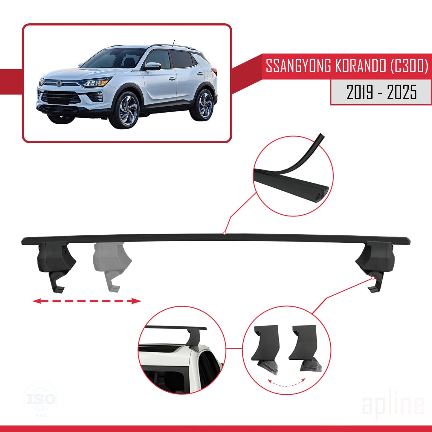 Compatible with Ssangyong Korando 4 (C300) 2019-2025 ACE-4 Car Roof Rack Cross Bar Black Aluminium 2 Bars