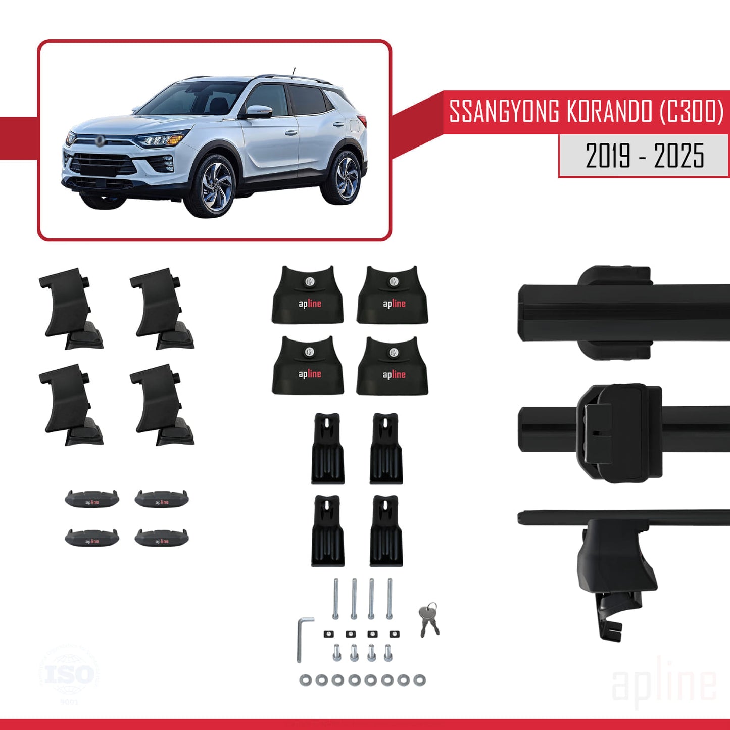 Compatible with Ssangyong Korando 4 (C300) 2019-2025 ACE-4 Car Roof Rack Cross Bar Black Aluminium 2 Bars