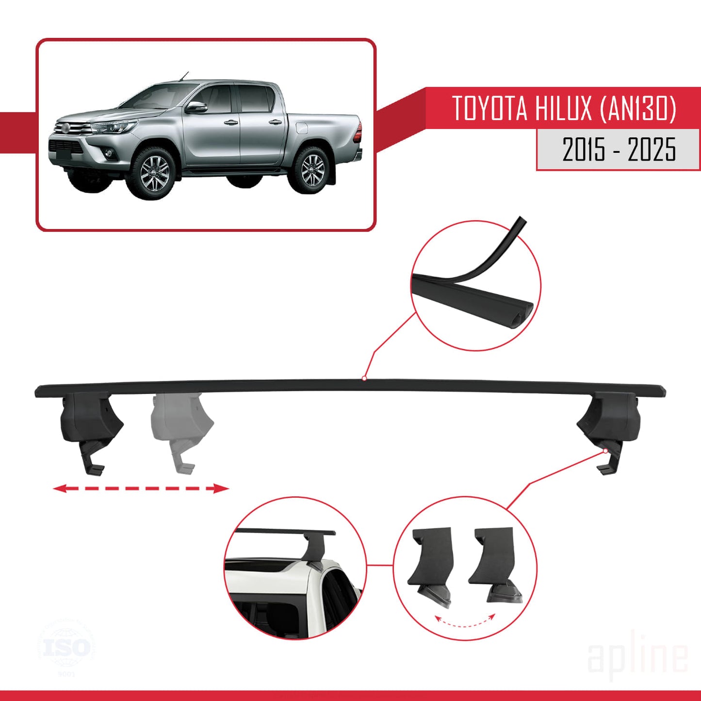 Compatible avec Toyota Hilux 8 (AN130) 2015-2025 ACE-4 Barres de Toit Railing Porte-Bagages de Voiture Noir Aluminium 2 Barres