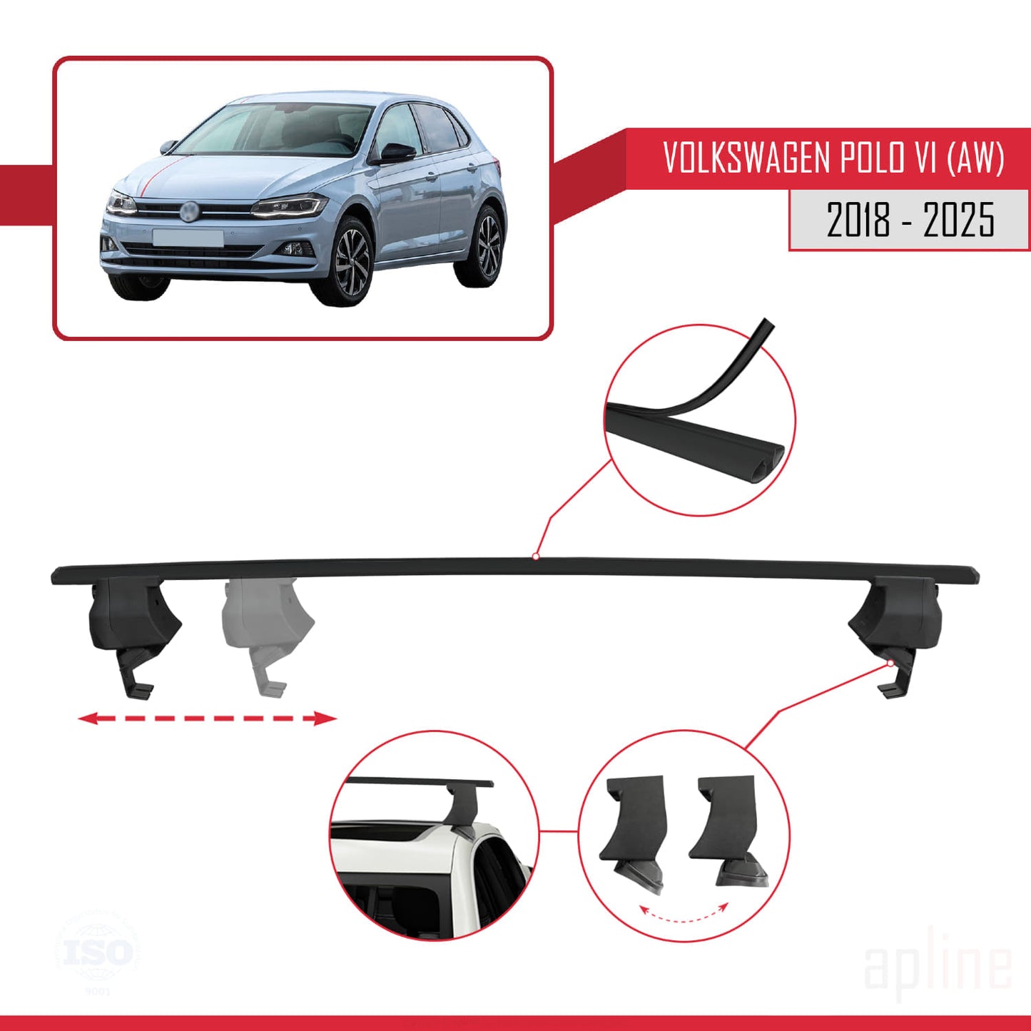 Compatible avec Volkswagen Polo 6 (AW) 2018-2025 ACE-4 Barres de Toit Railing Porte-Bagages de Voiture Noir Aluminium 2 Barres