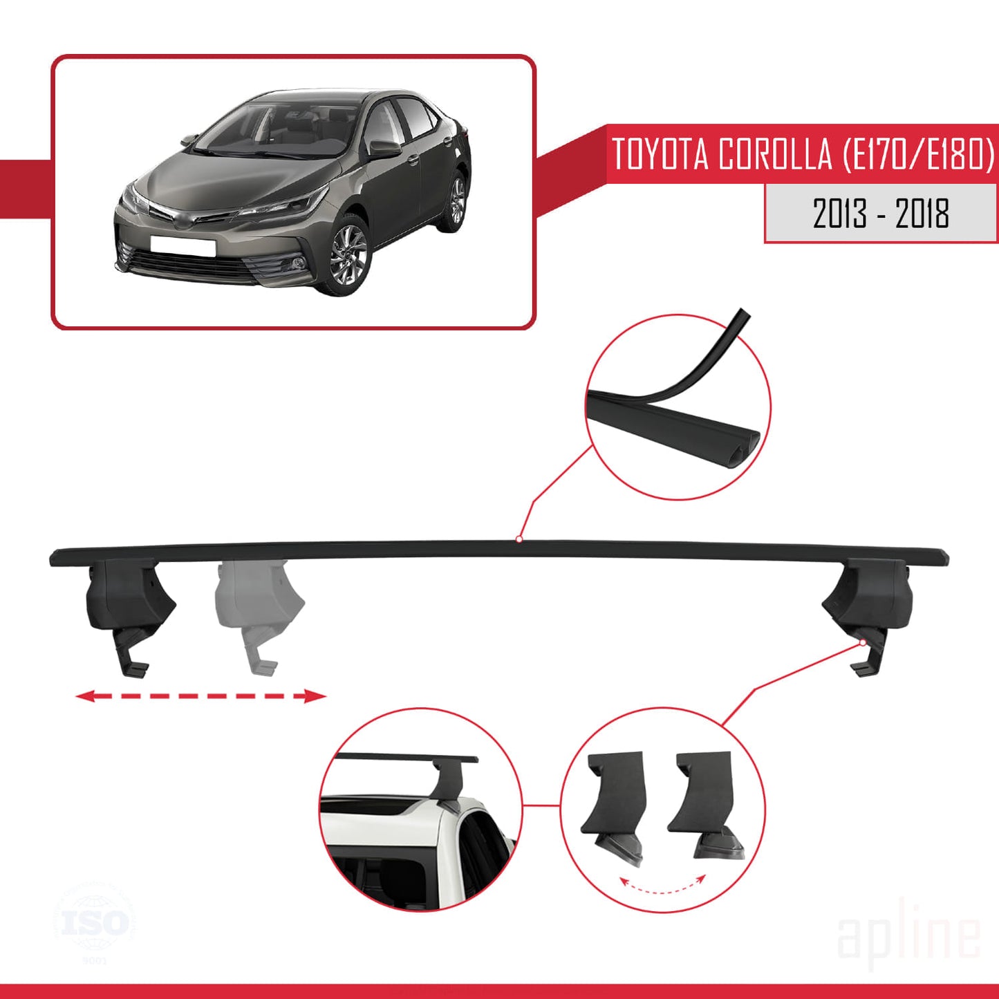 Compatible avec Toyota Corolla 11 (E180) 2013-2018 ACE-4 Barres de Toit Railing Porte-Bagages de Voiture Noir Aluminium 2 Barres