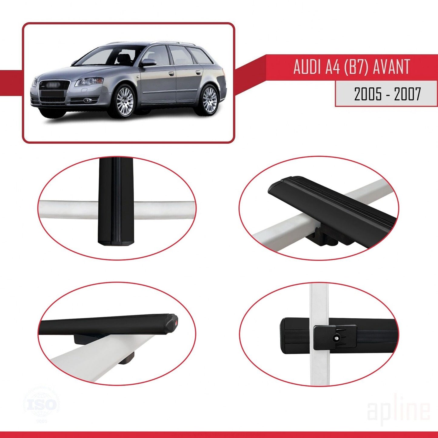 Compatible avec A4 (B7) Avant 2005-2007 BASIC Model Barres de Toit Railing Porte-Bagages de Voiture Noir Aluminium 3 Barres
