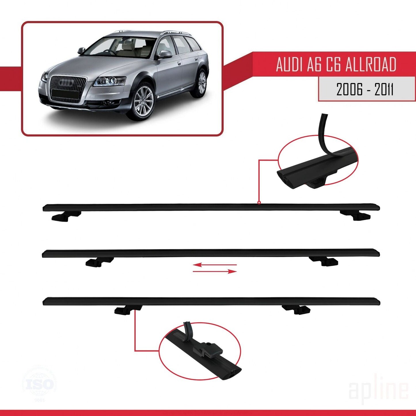 Compatible avec A6 (C6) Allroad 2006-2011 BASIC Model Barres de Toit Railing Porte-Bagages de Voiture Noir Aluminium 2 Barres